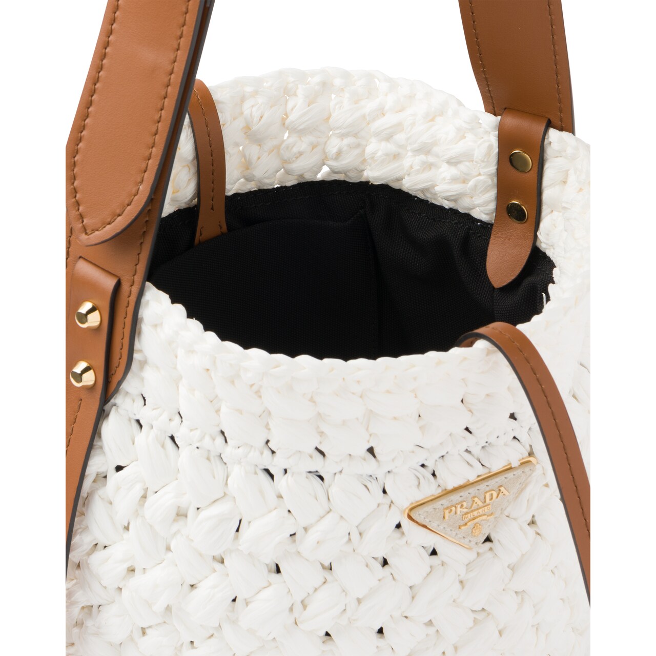 Crocheted raffia and leather bucket bag Prada 1BE033_2DGC_F0TPR_V_OOO