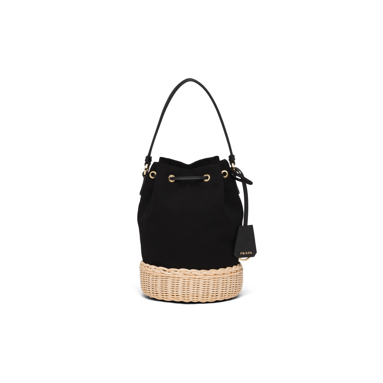 Small Prada Plage wicker and canvas bucket bag Prada 1BE040_2E28
