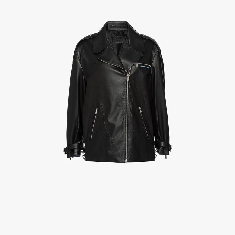 Women S Leather And Fur Apparel Prada Oversized Leather Biker Jacket