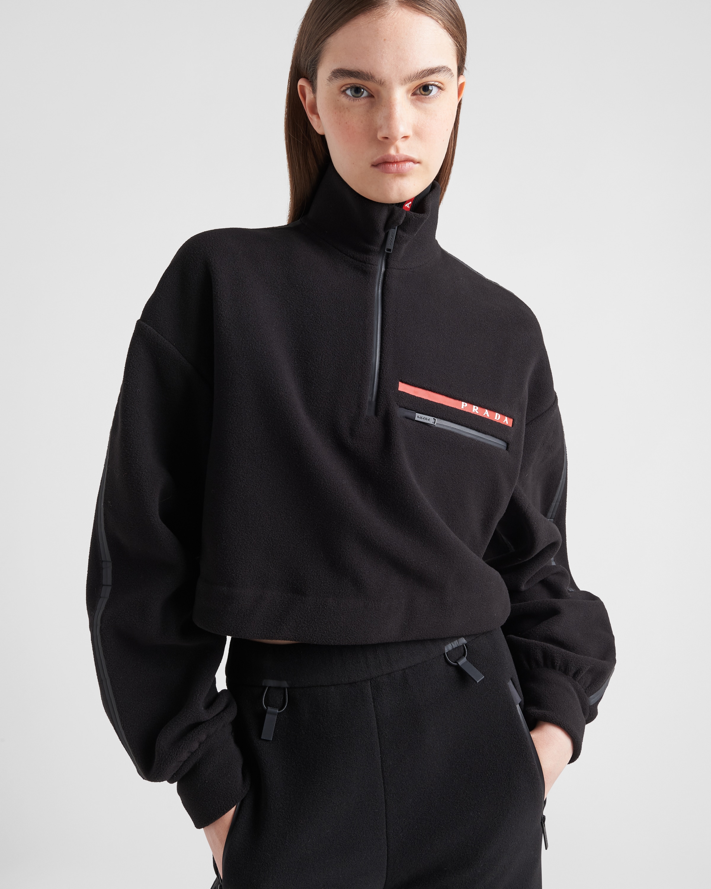 Black Cropped Recycled Technical Fleece Sweatshirt PRADA