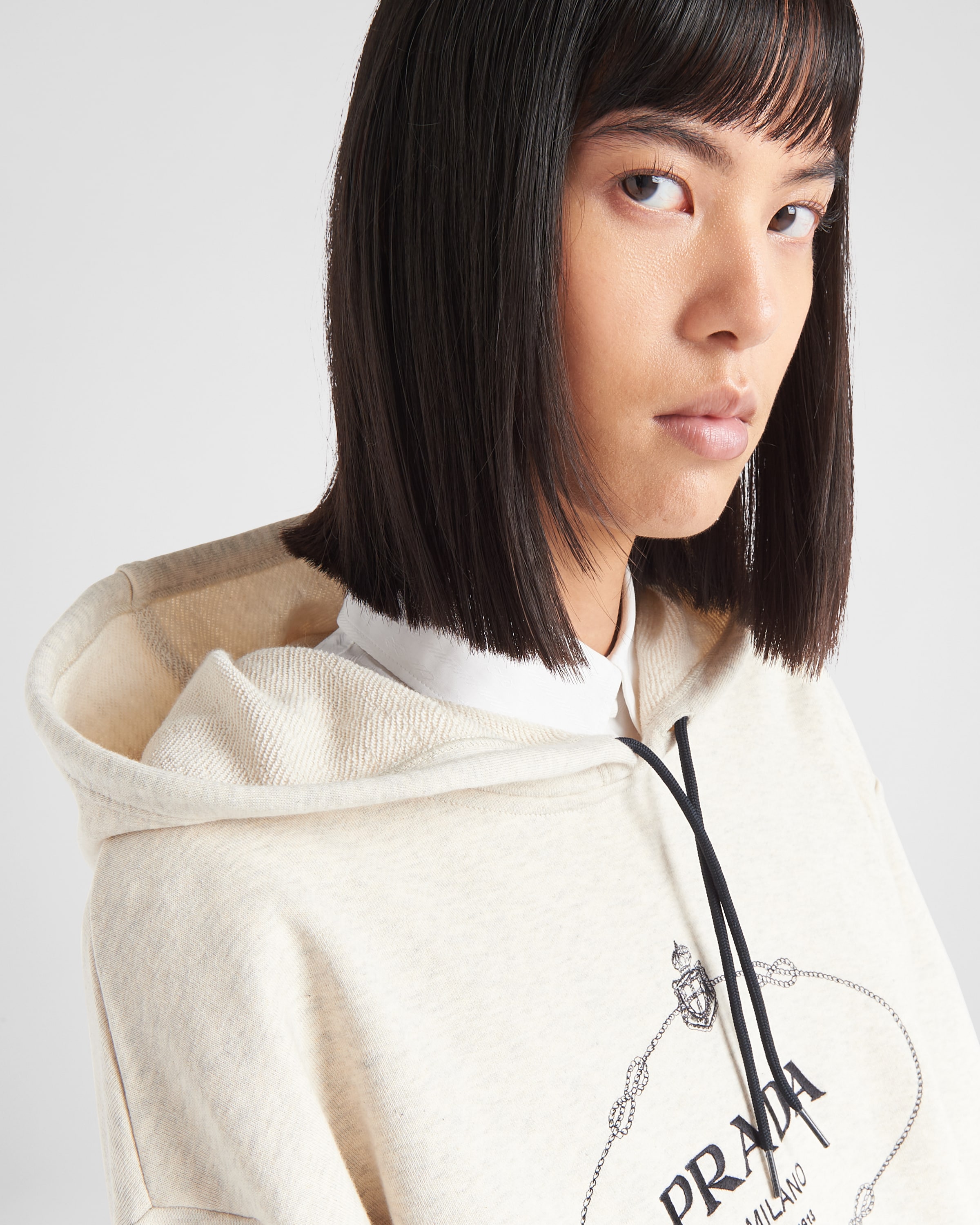 Natural Oversized Cotton Fleece Hoodie PRADA