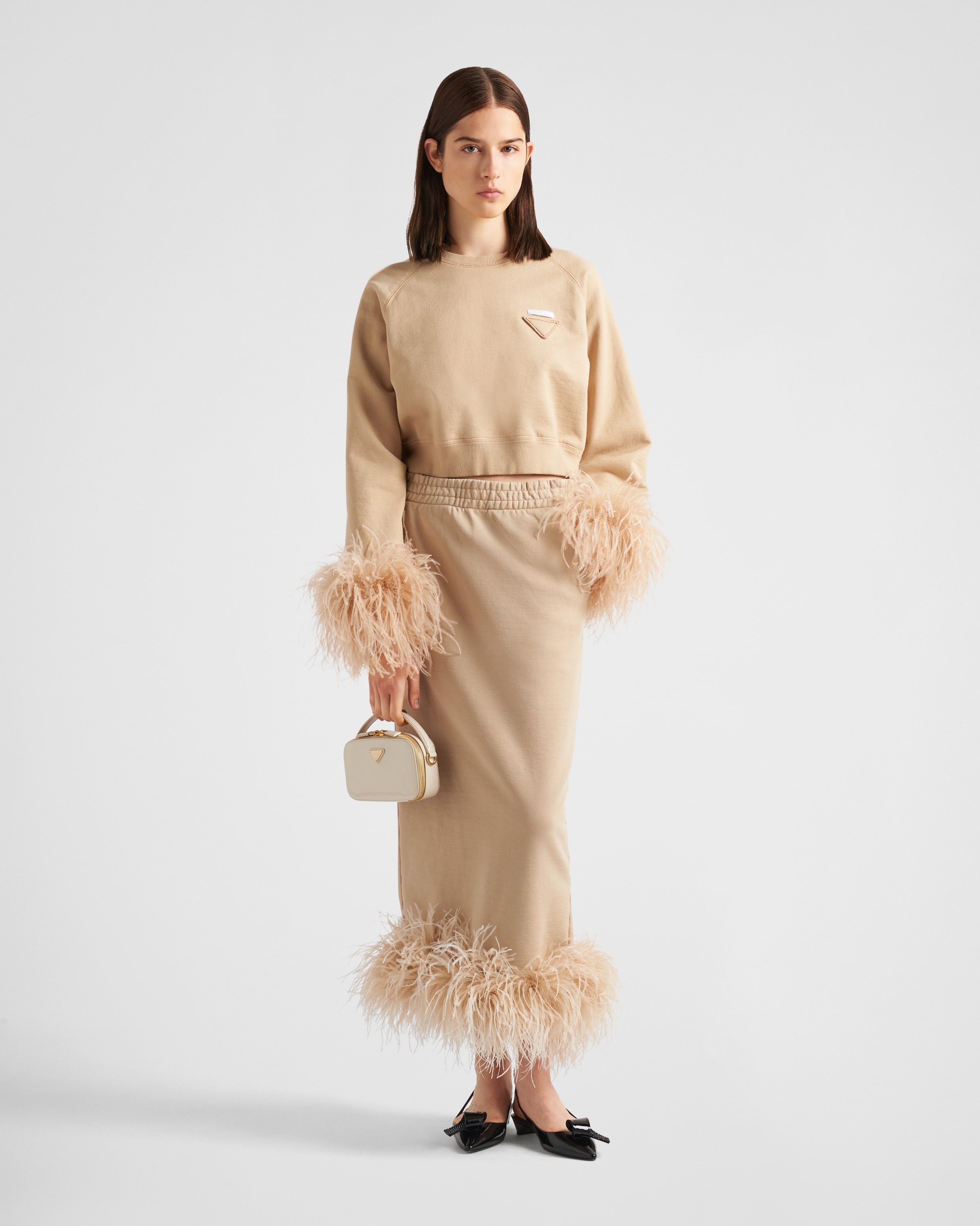Albino White Crew-neck Sweatshirt With Feather Trim | PRADA