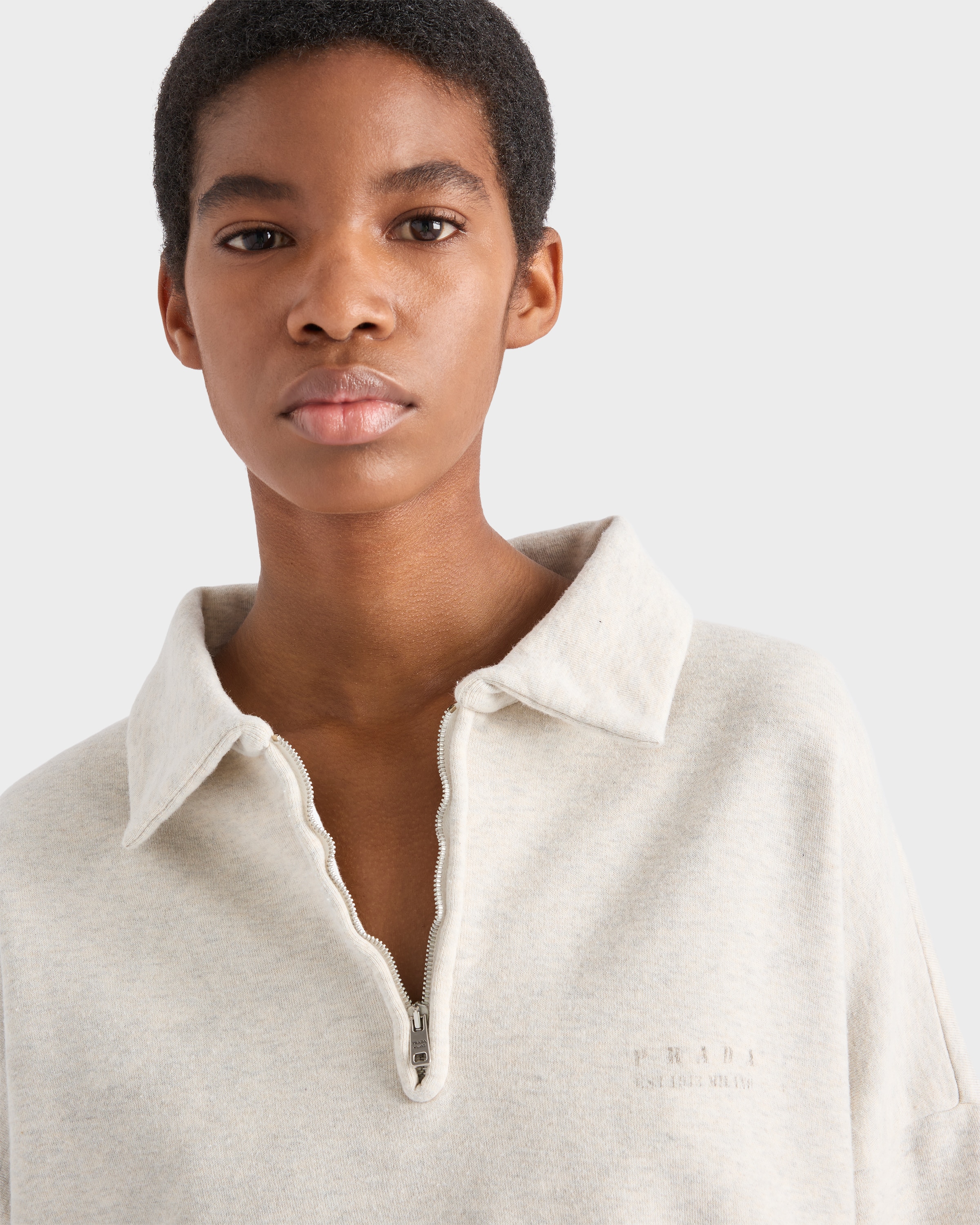 Natural Long-sleeved Cotton Fleece Polo Shirt | PRADA