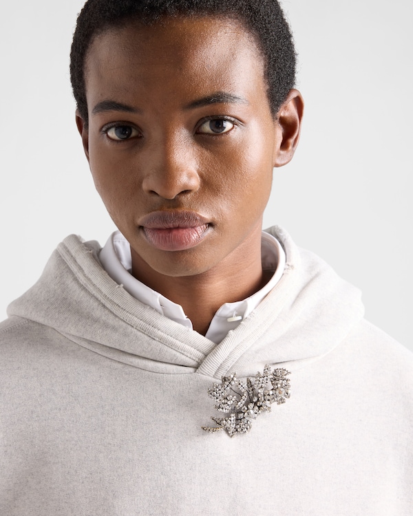 Sudadera con capucha de felpa de algodón con broche joya - Gris Marmóreo Sudadera con capucha de felpa de algodón con broche joya - Gris Marmóreo