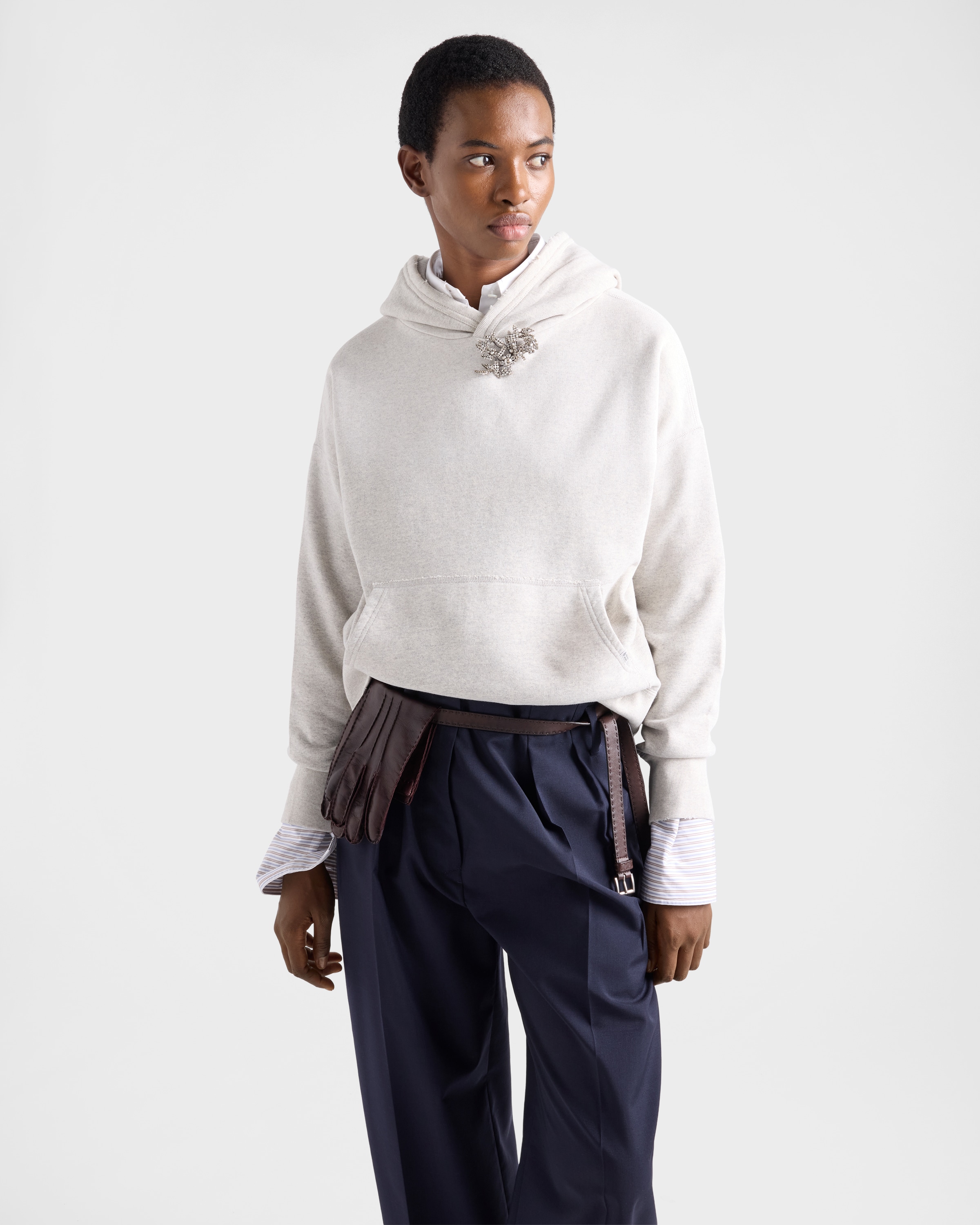 Marble Gray Cotton Fleece Hoodie With Jewel Brooch | PRADA