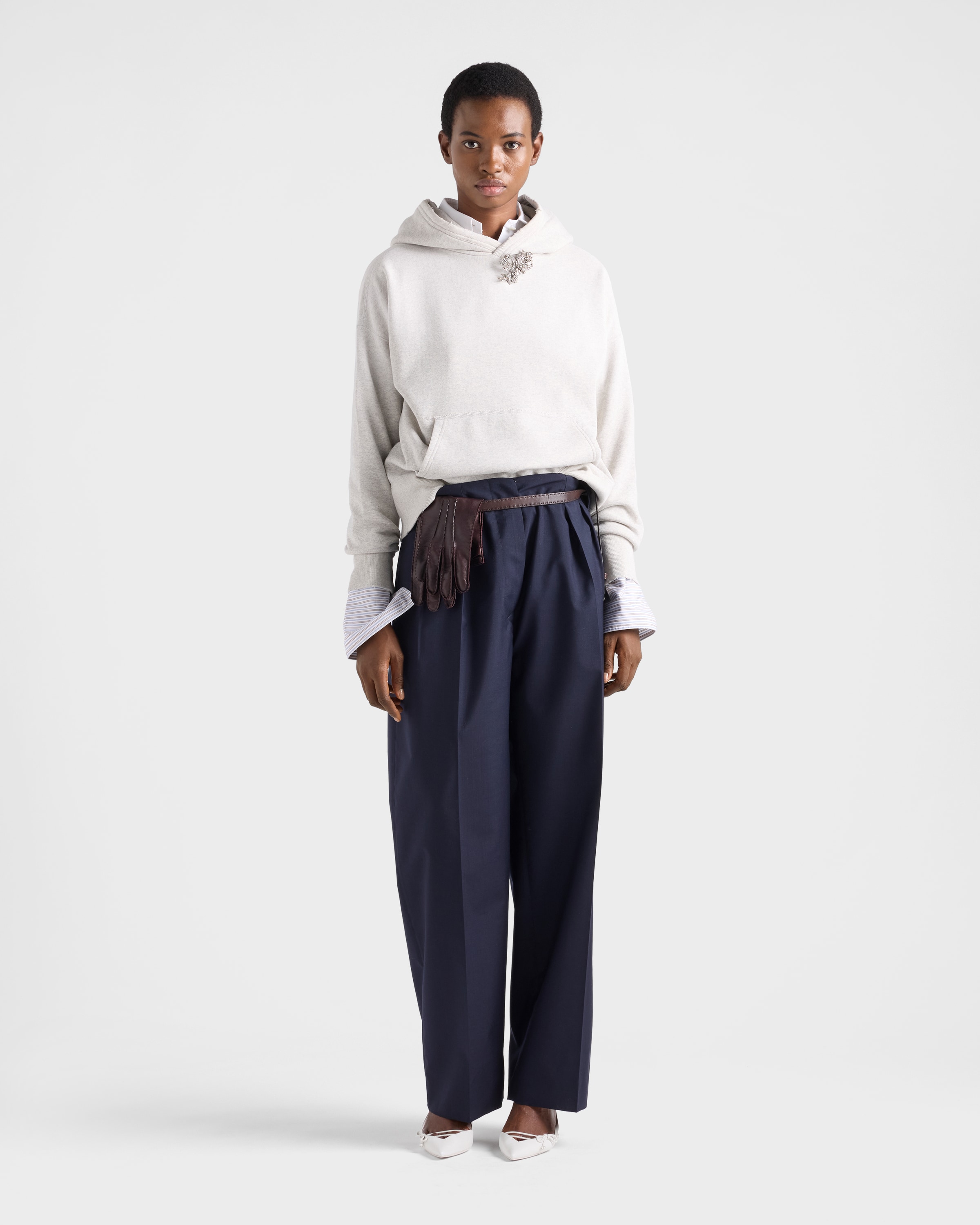 Marble Gray Cotton Fleece Hoodie With Jewel Brooch | PRADA