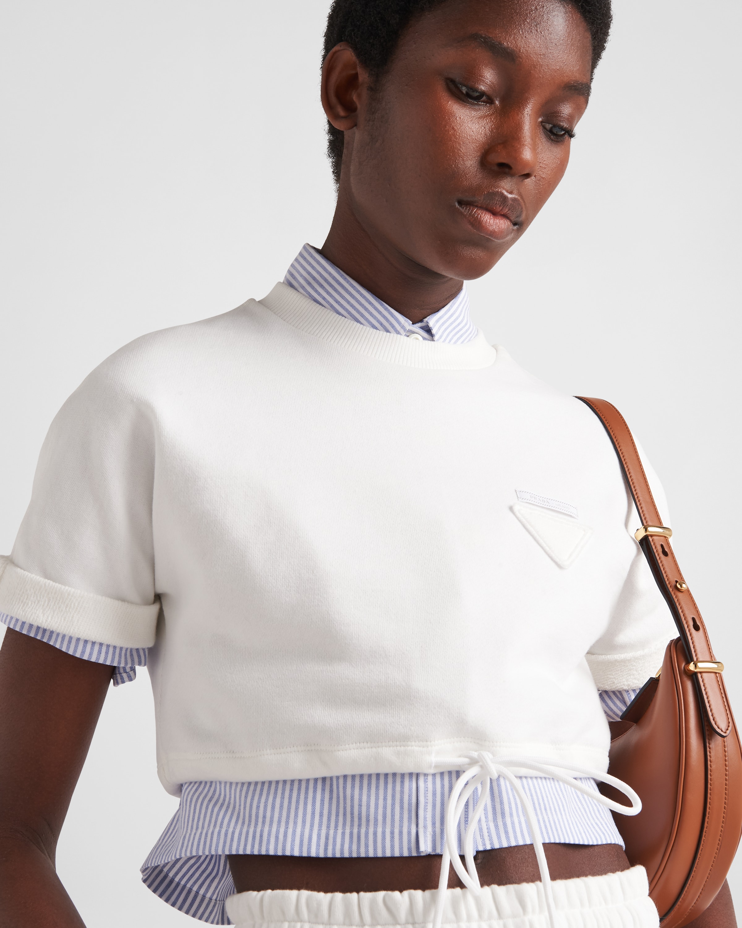 White Cropped cotton fleece T-shirt | PRADA