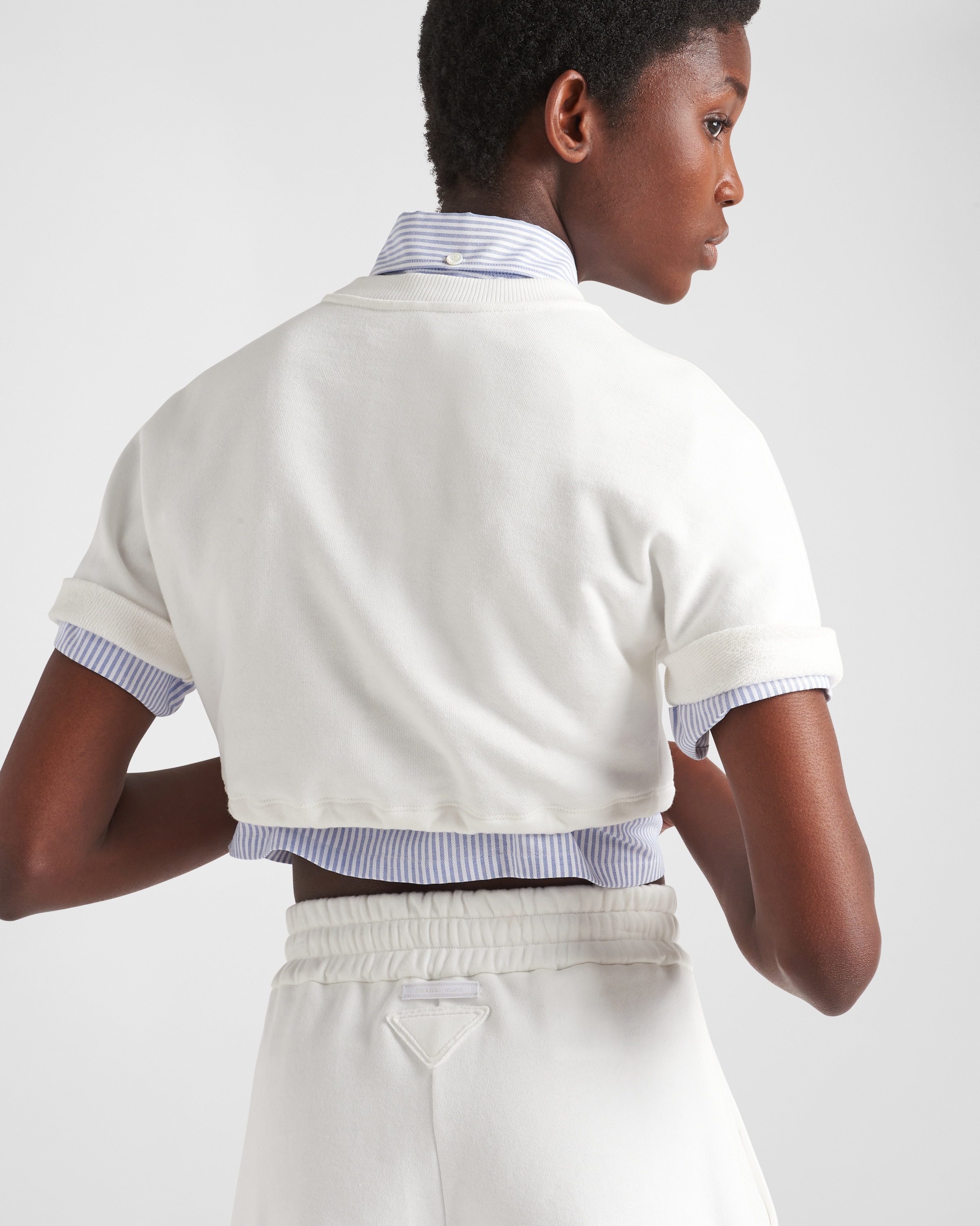 White Cropped cotton fleece T-shirt | PRADA