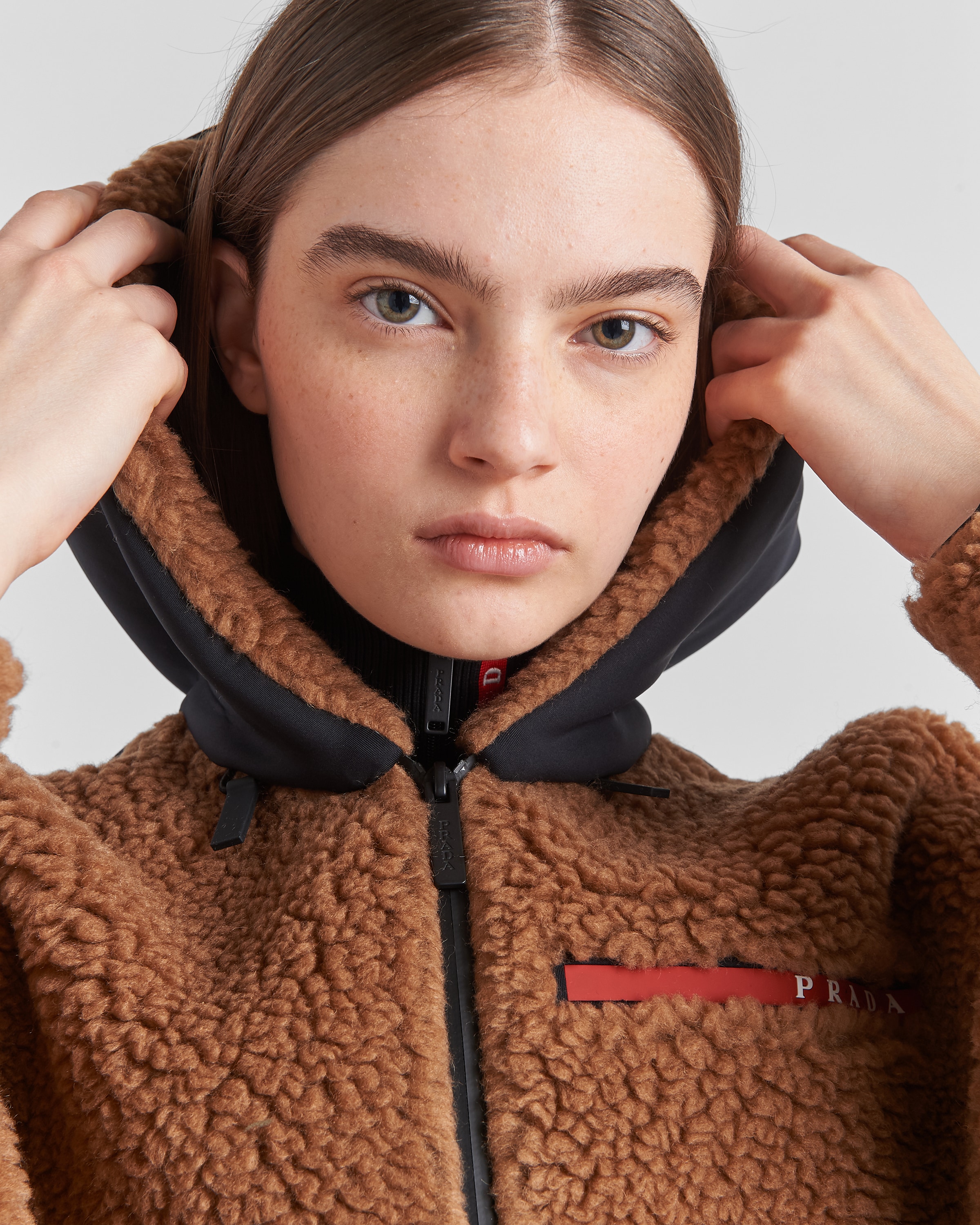 Camel/black Cropped double fleece jacket | Prada