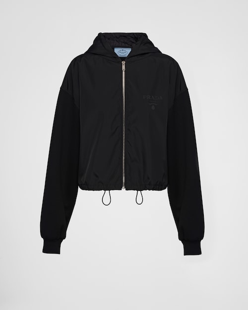 Black Cropped double jersey and nylon hoodie jacket | Prada