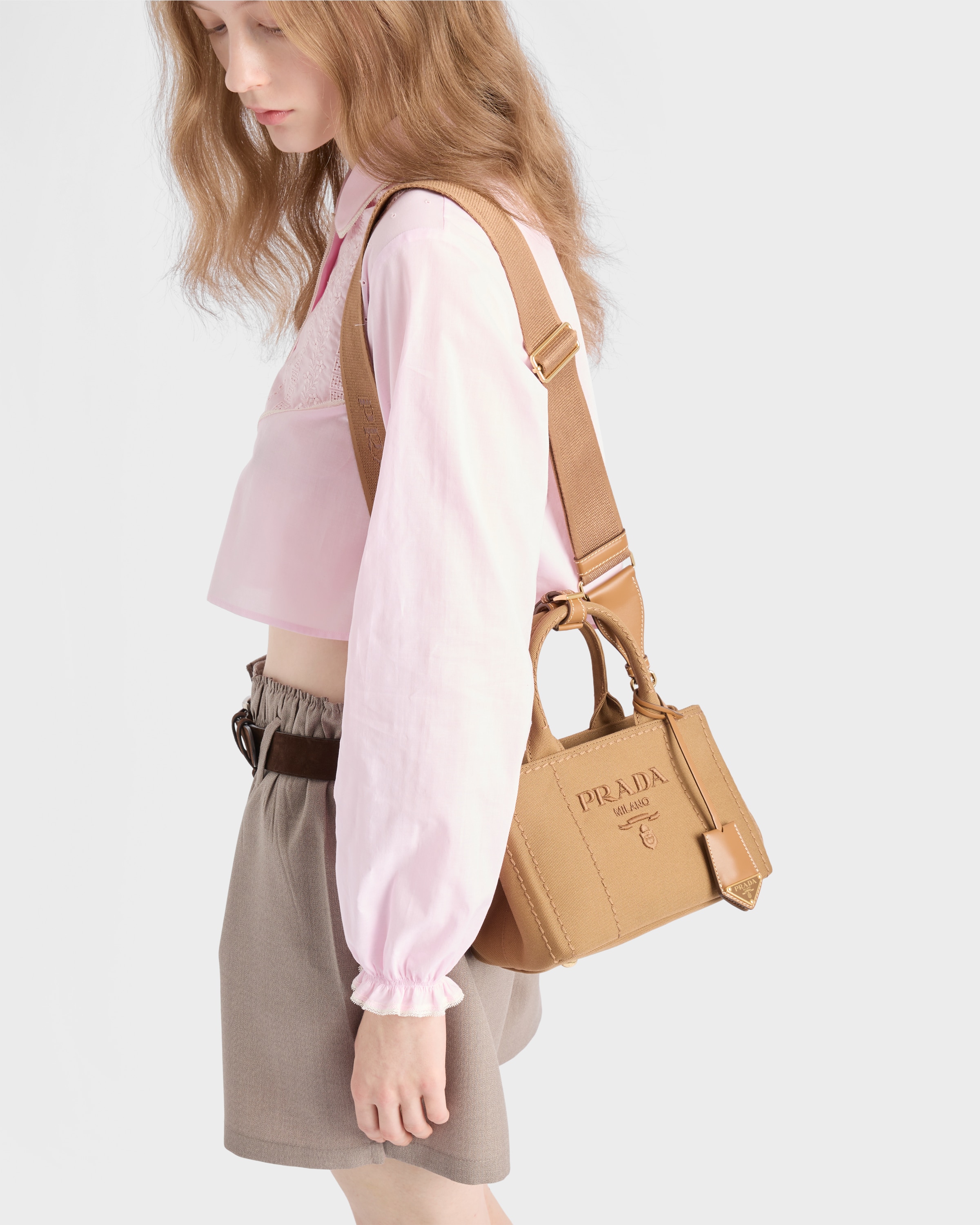 【PRADA】Jardiniere ストライプコットンキャンバス ミニバッグ Prada Jardinière Mini canvas tote bag in blue - Prada