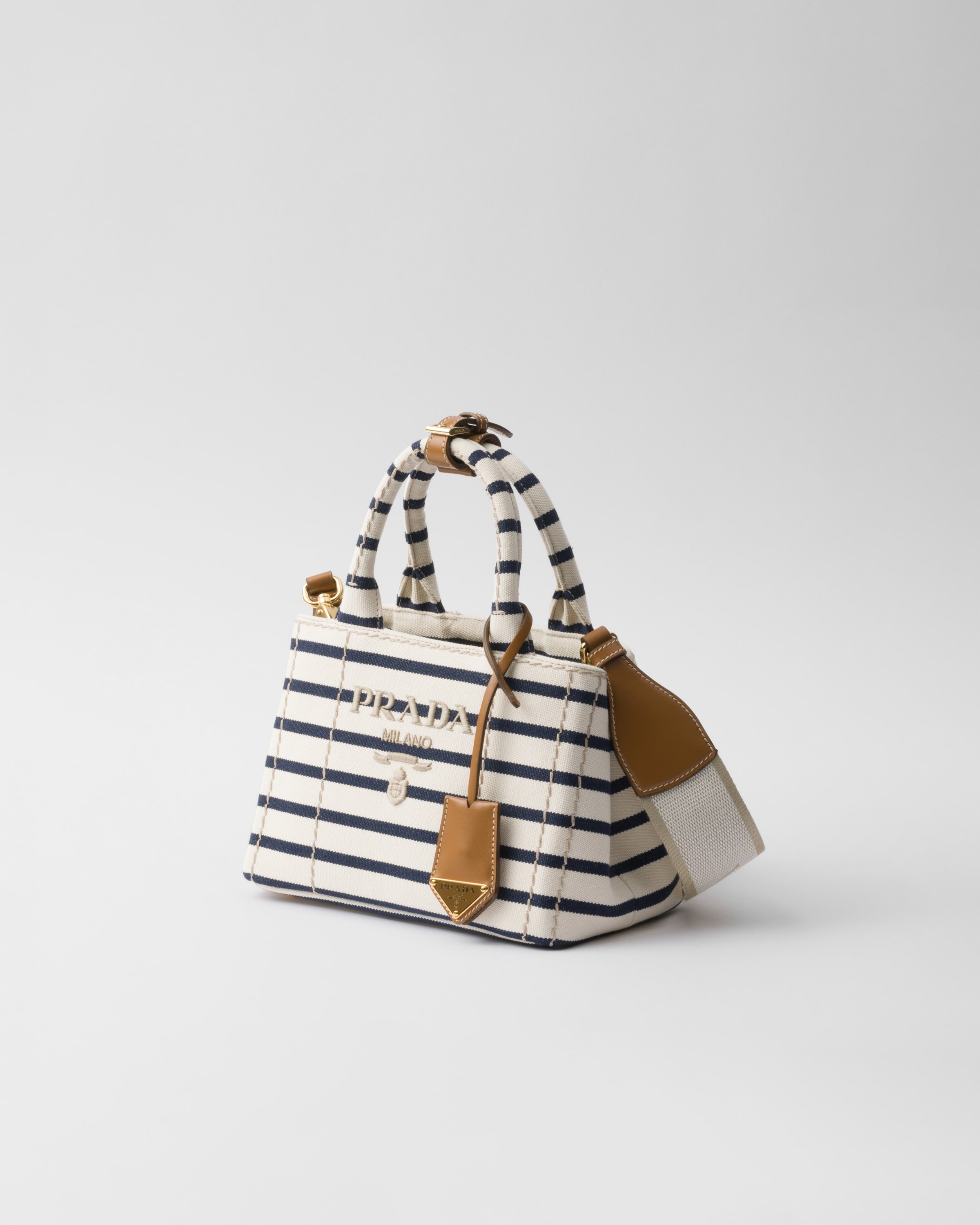 送料無料◆2025新品  Ivory/Blue Prada mini-bag canvas cotton striped Jardinière バッグ