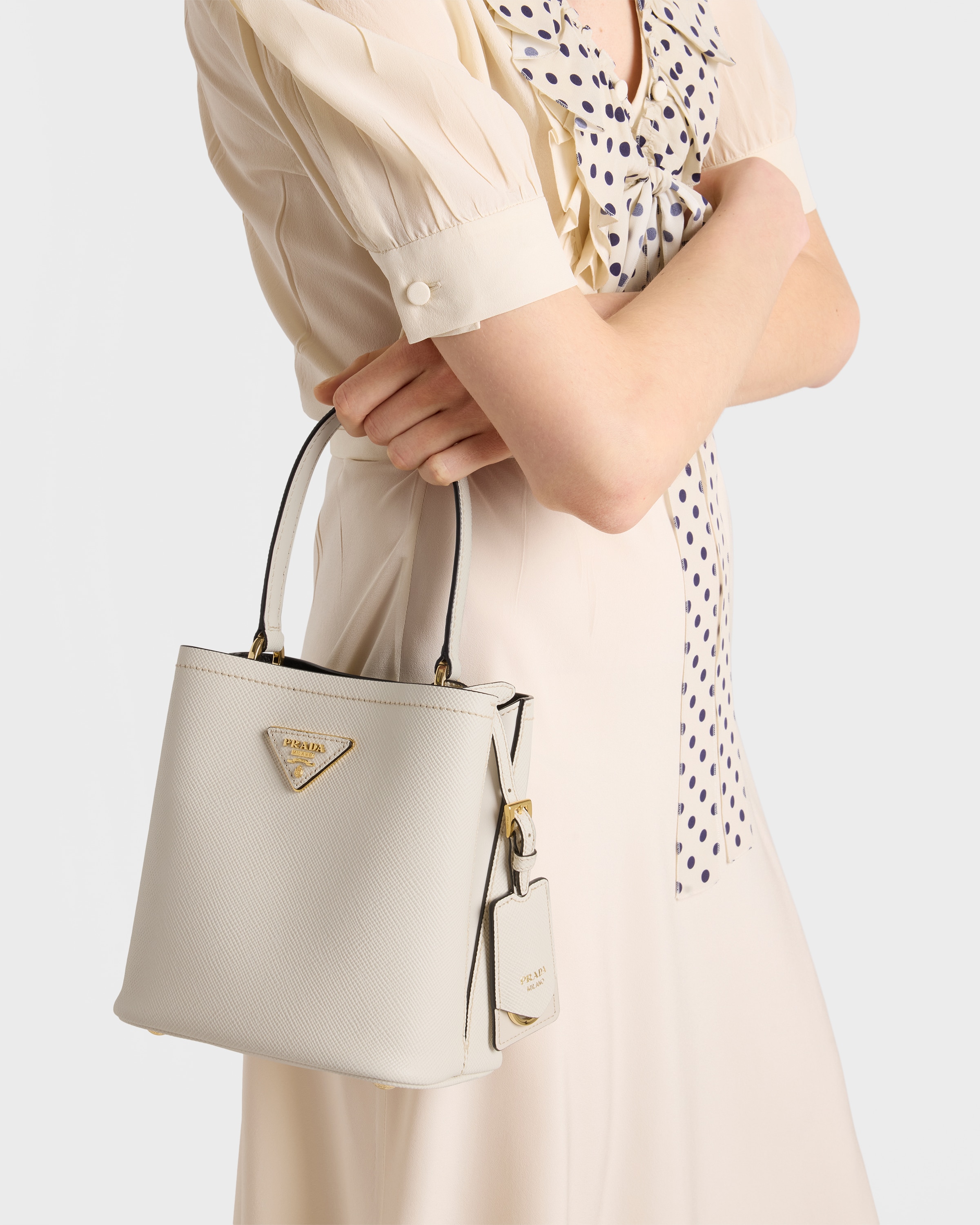 Chalk White/Black Prada Panier mini Saffiano leather bag | PRADA