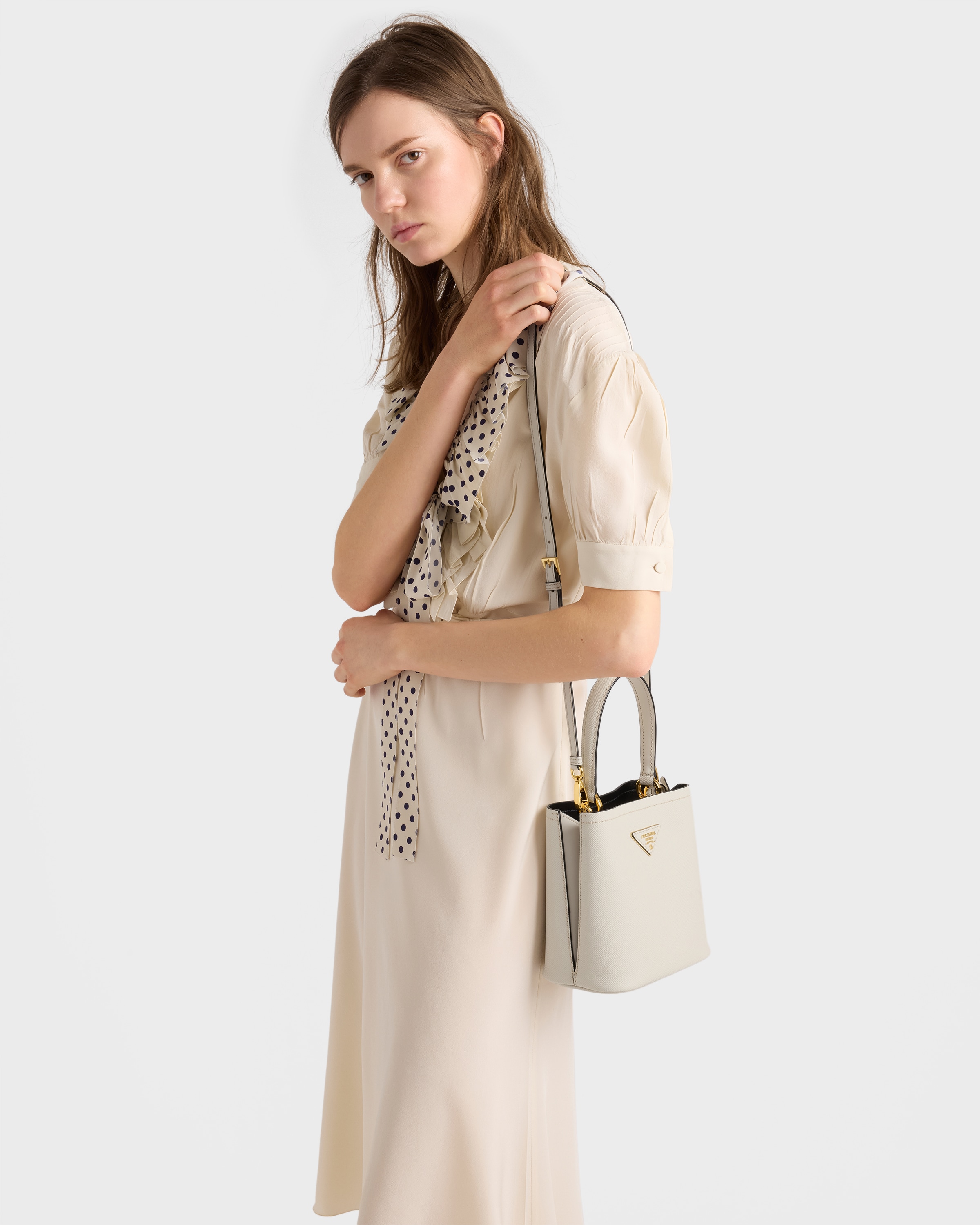 Chalk White/Black Prada Panier mini Saffiano leather bag | PRADA