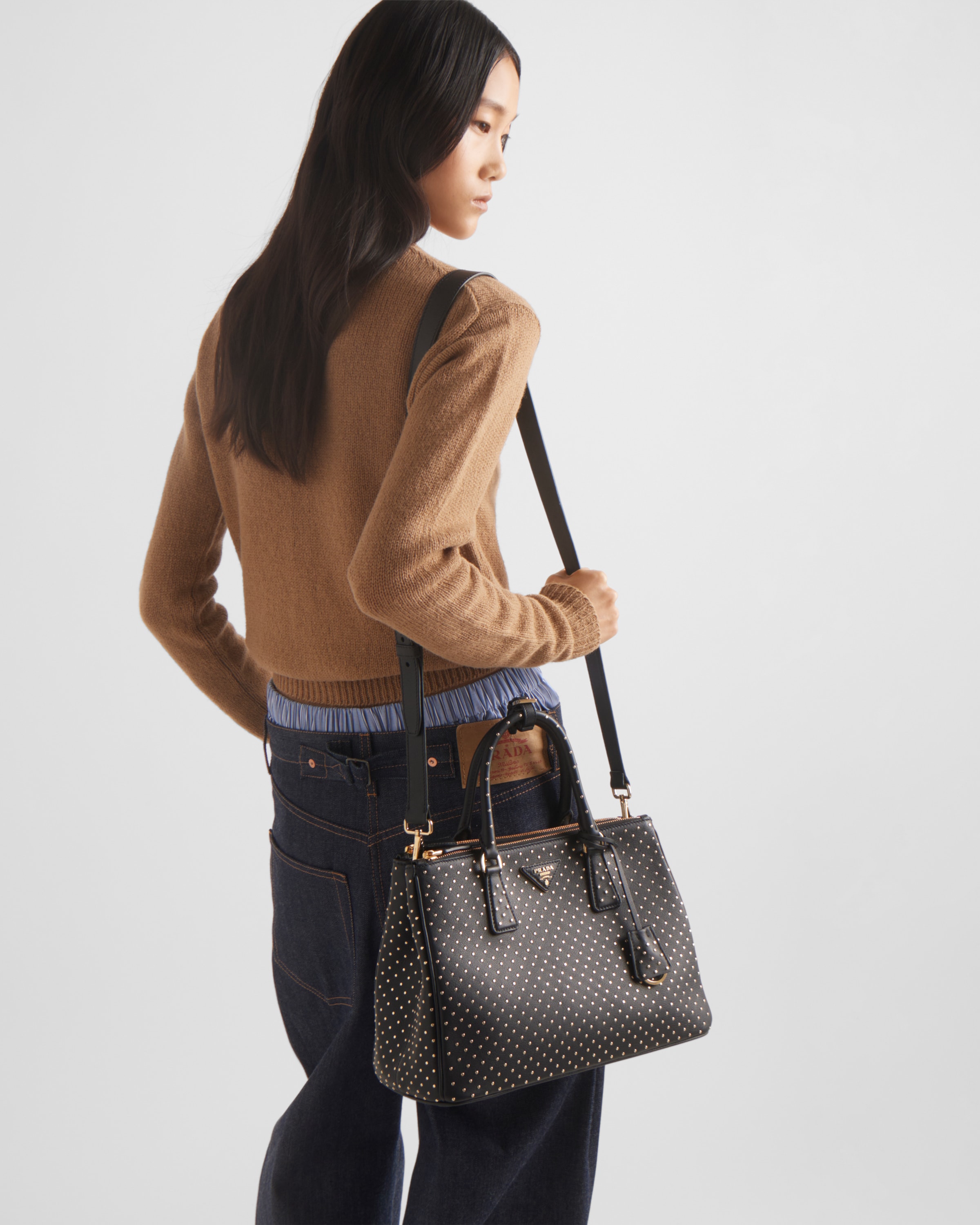 Black Large Prada Galleria Studded Leather Bag PRADA
