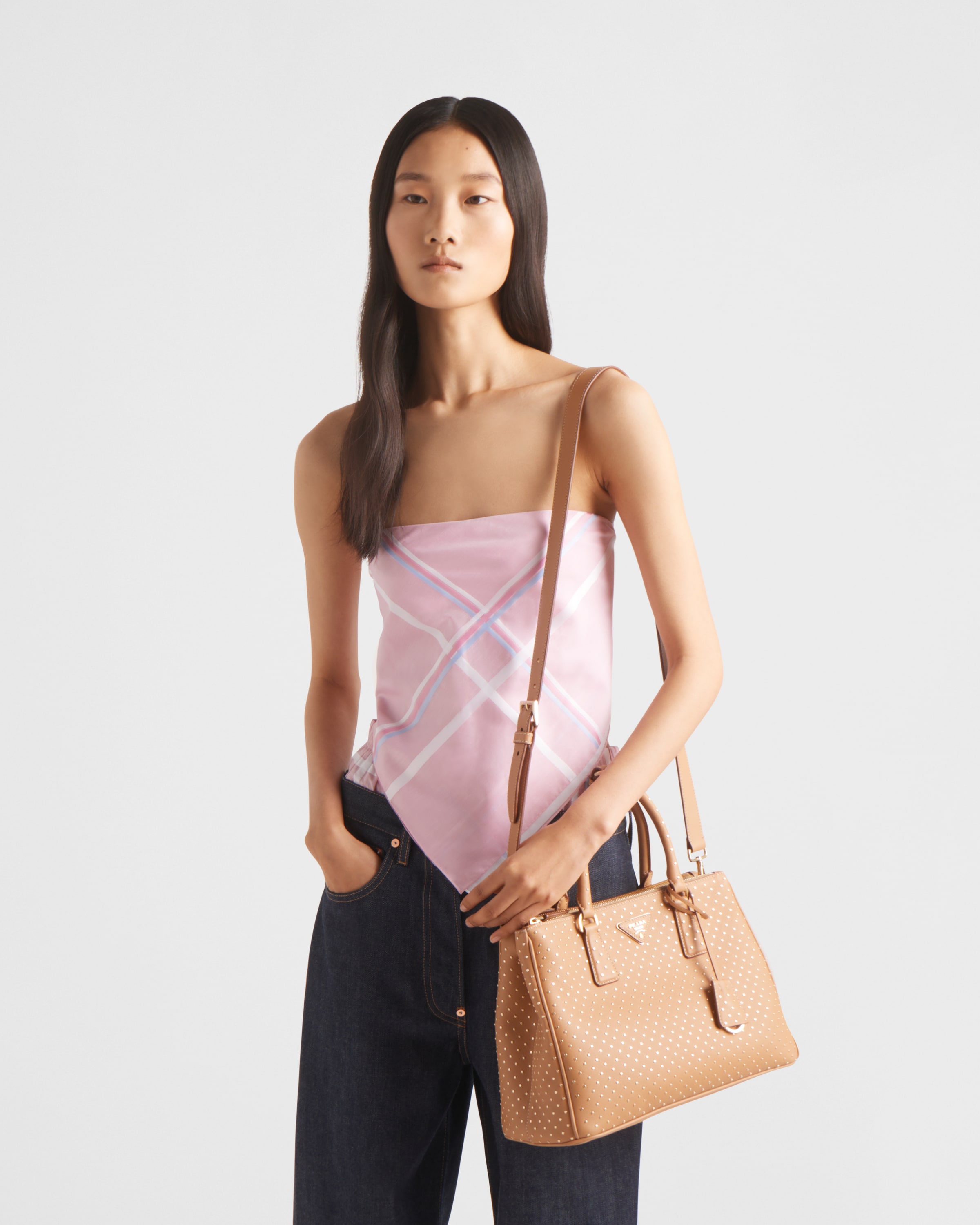 Prada Grosse Galleria Tasche Aus Leder Mit Nieten In Natur