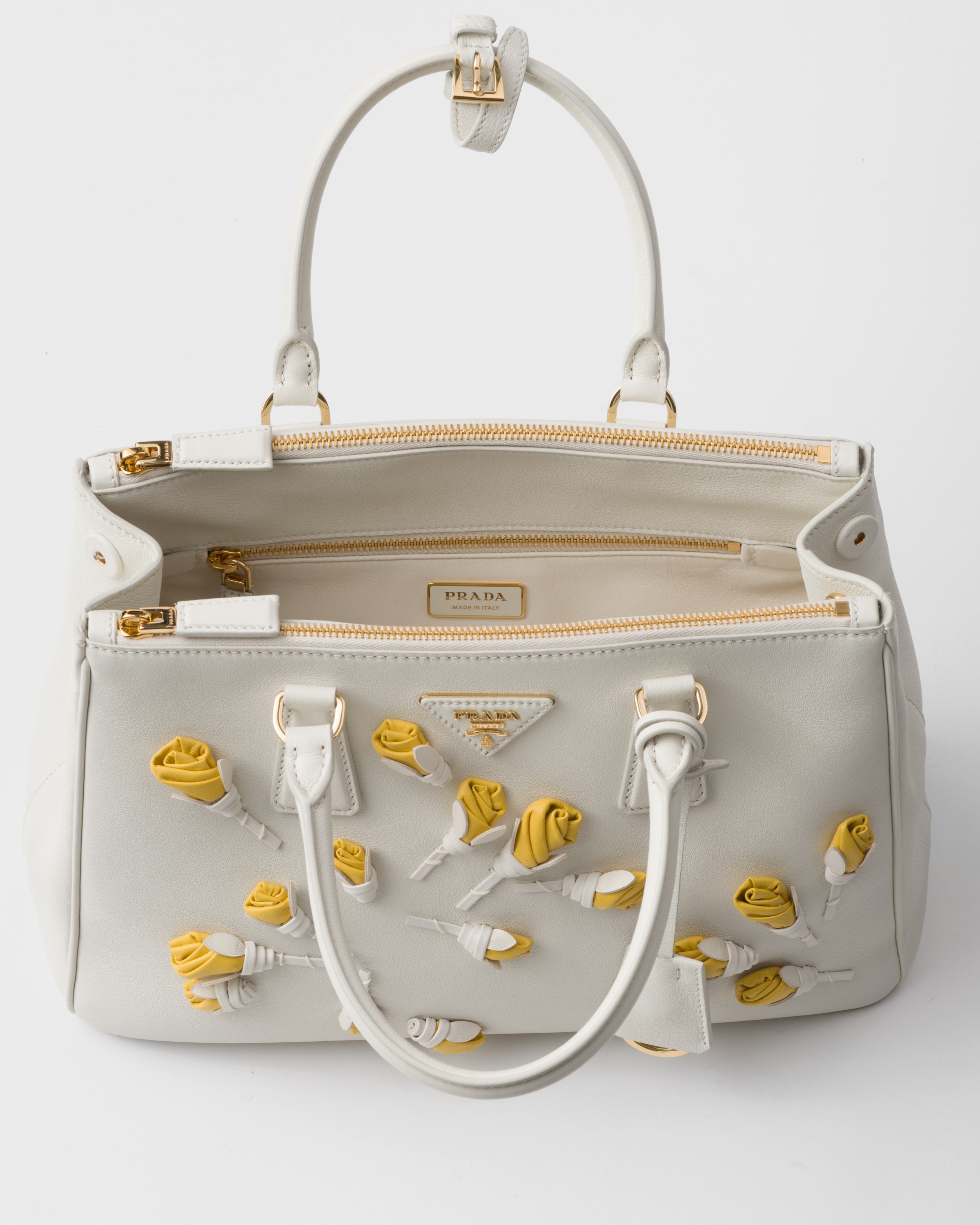 Shop Prada Large Galleria Leather Bag With Floral Appliqués In White/sunshine Yellow