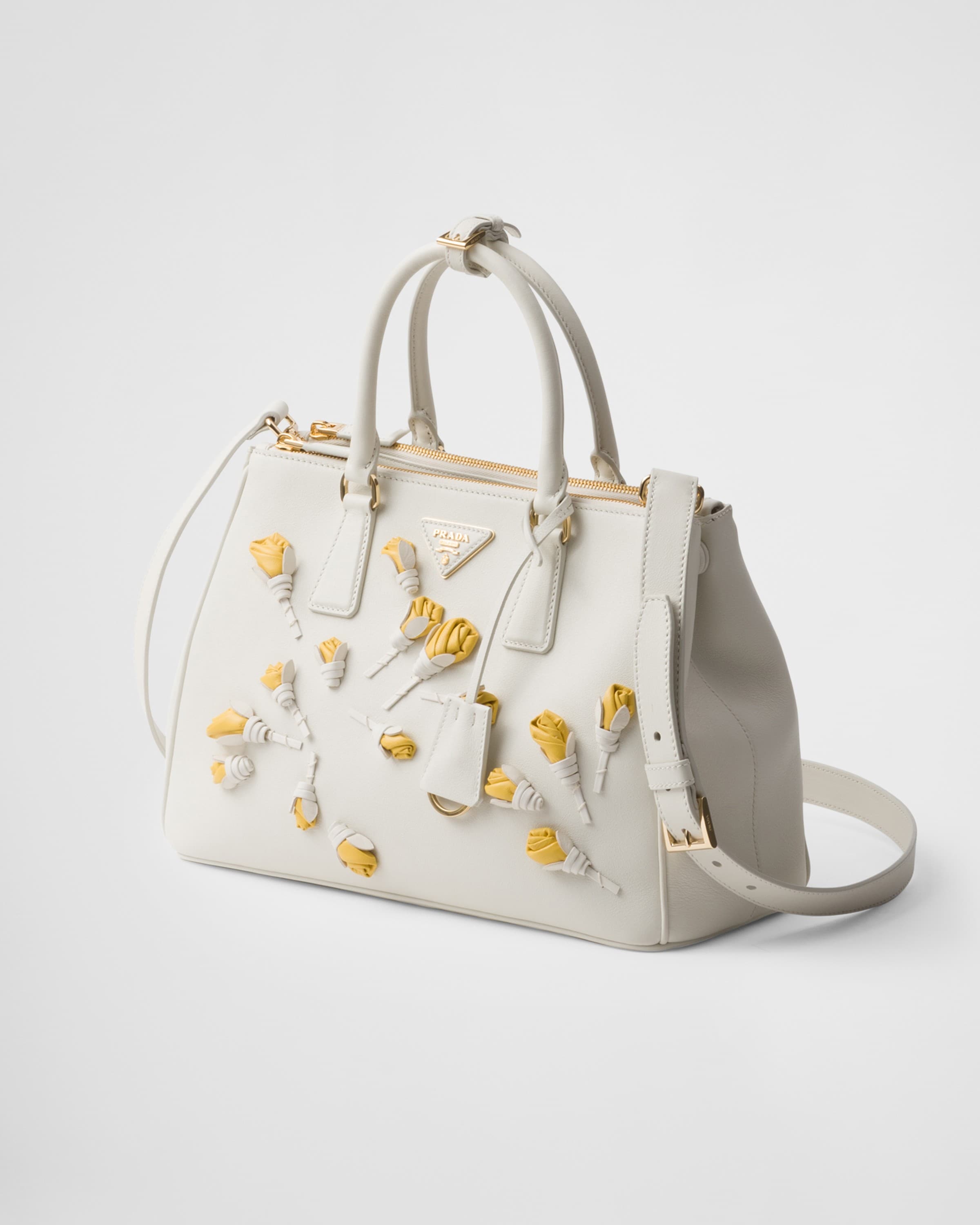 Shop Prada Large  Galleria Leather Bag With Floral Appliqués In White/sunshine Yellow