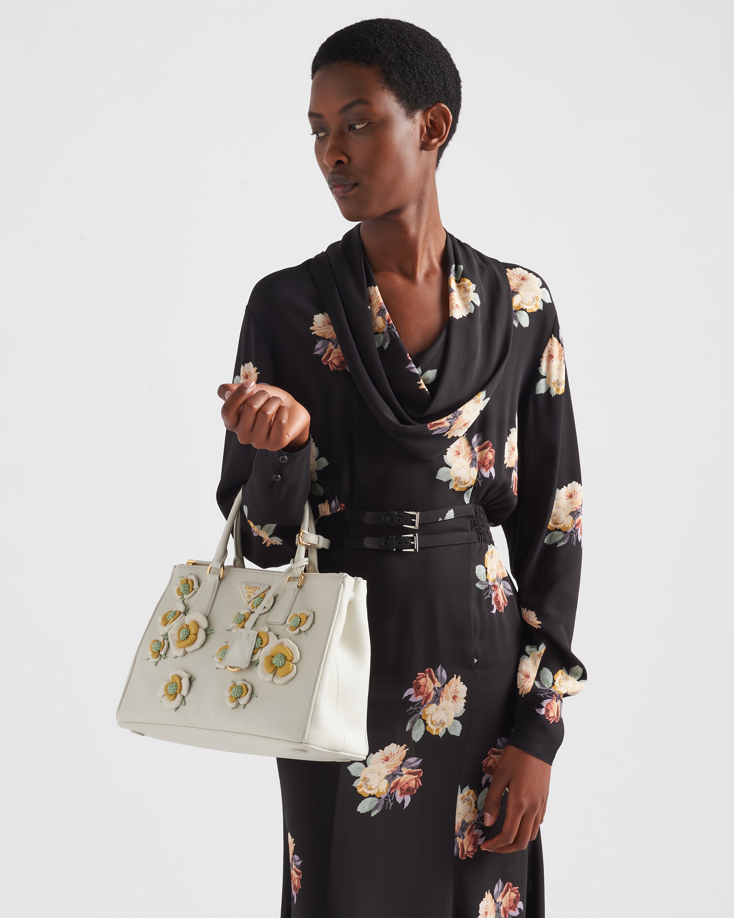 Prada Large  Galleria Leather Bag With Floral Appliqués In White/pineapple Yellow