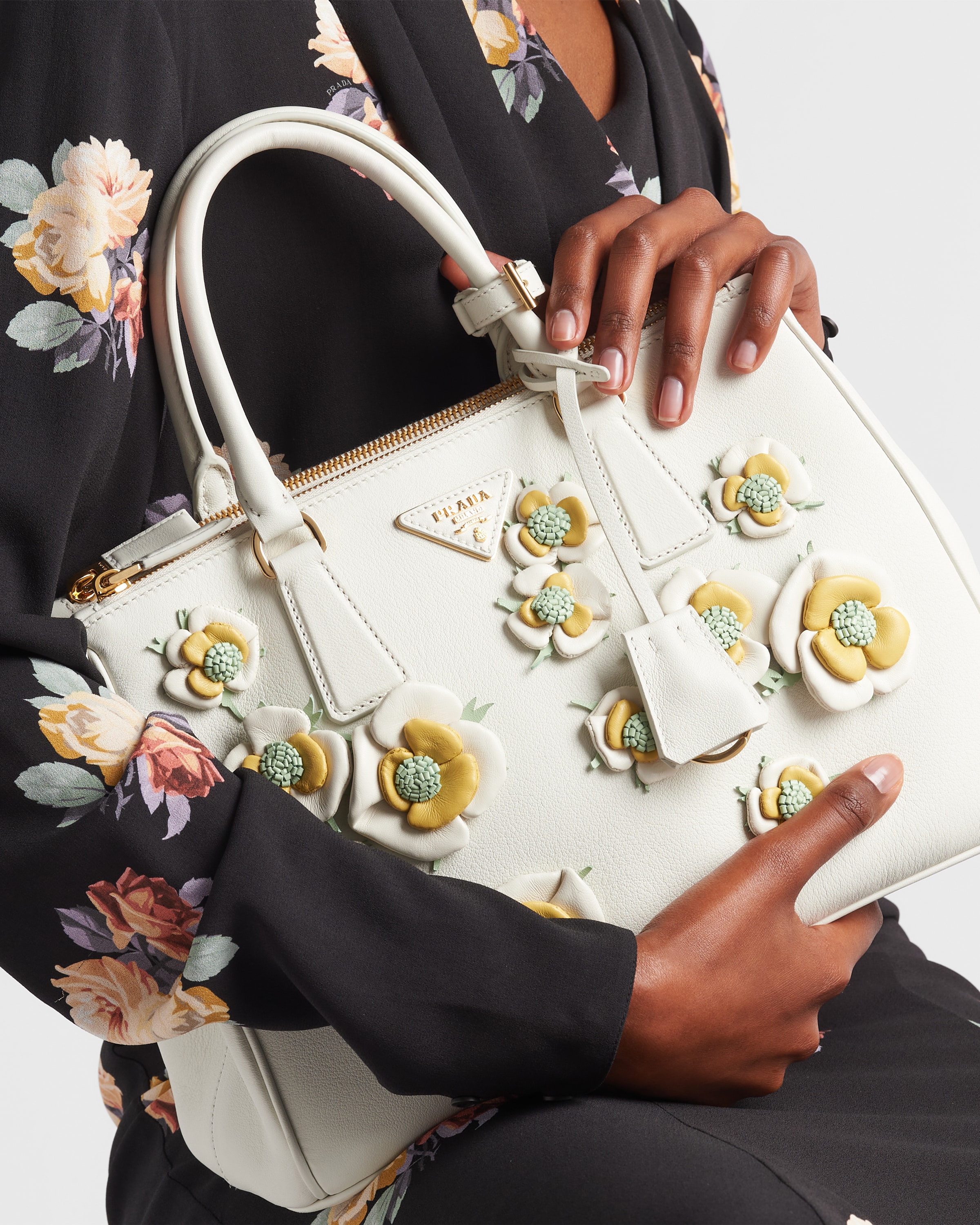 White pineapple Yellow Large Prada Galleria Leather Bag With Floral Appliques PRADA