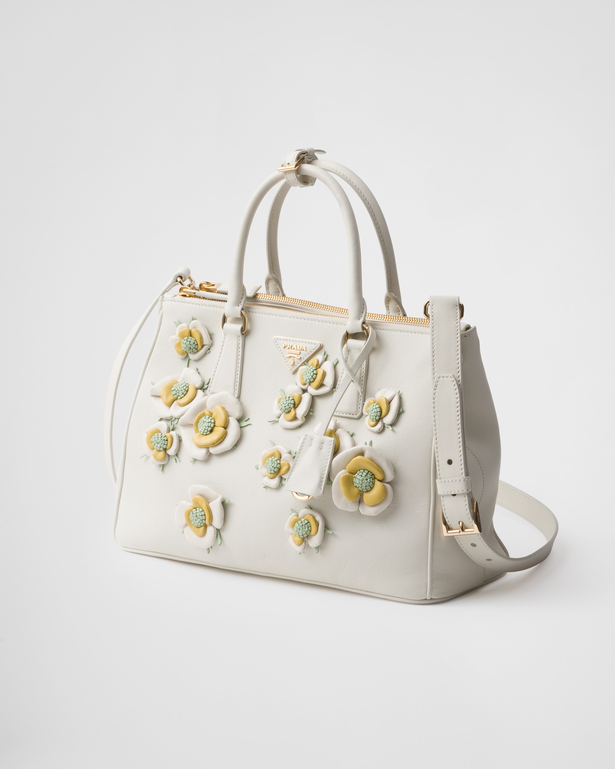 Prada Large  Galleria Leather Bag With Floral Appliqués In White/pineapple Yellow