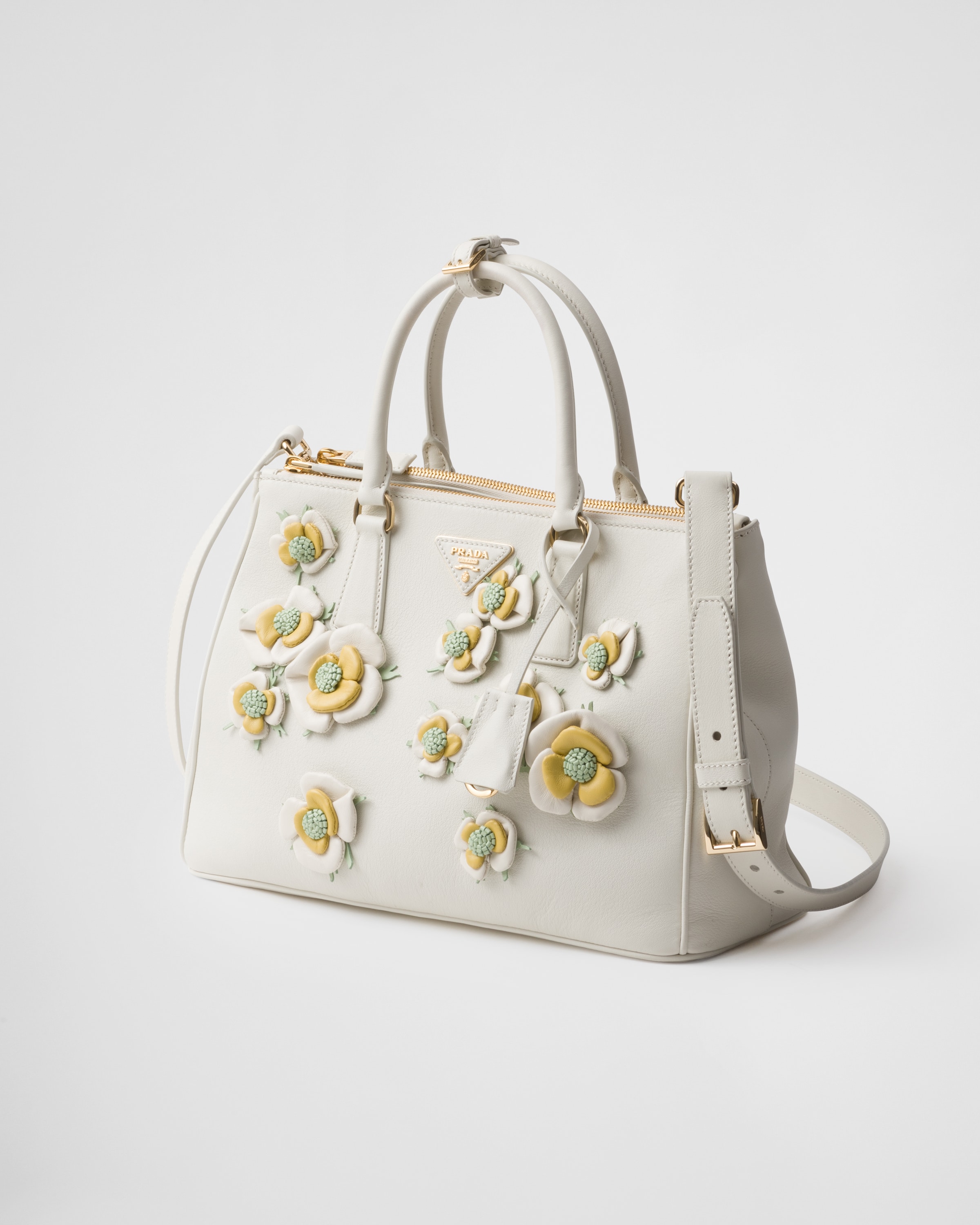 Shop Prada Large  Galleria Leather Bag With Floral Appliqués In White/pineapple Yellow