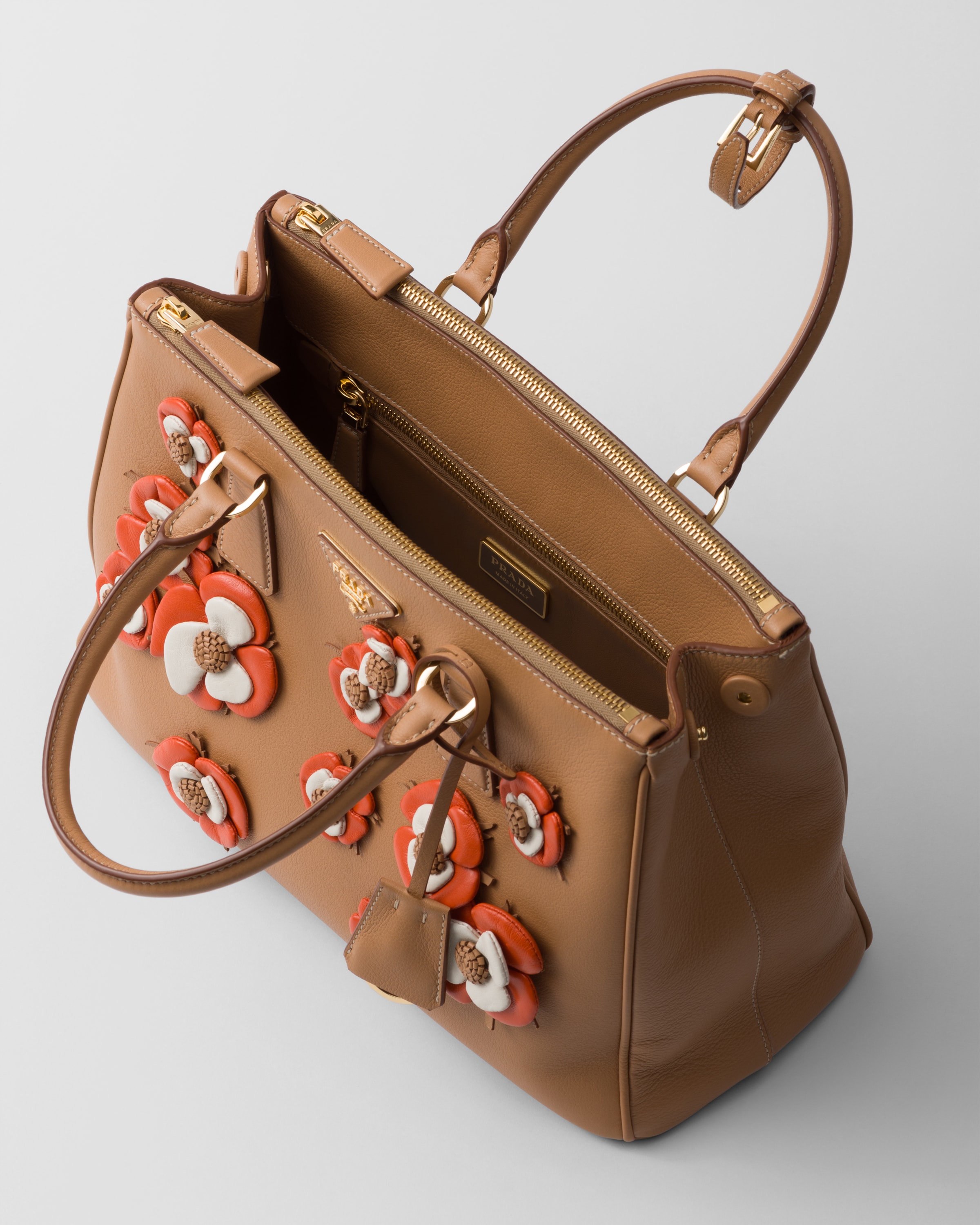 Shop Prada Large  Galleria Leather Bag With Floral Appliqués In Natural/orange