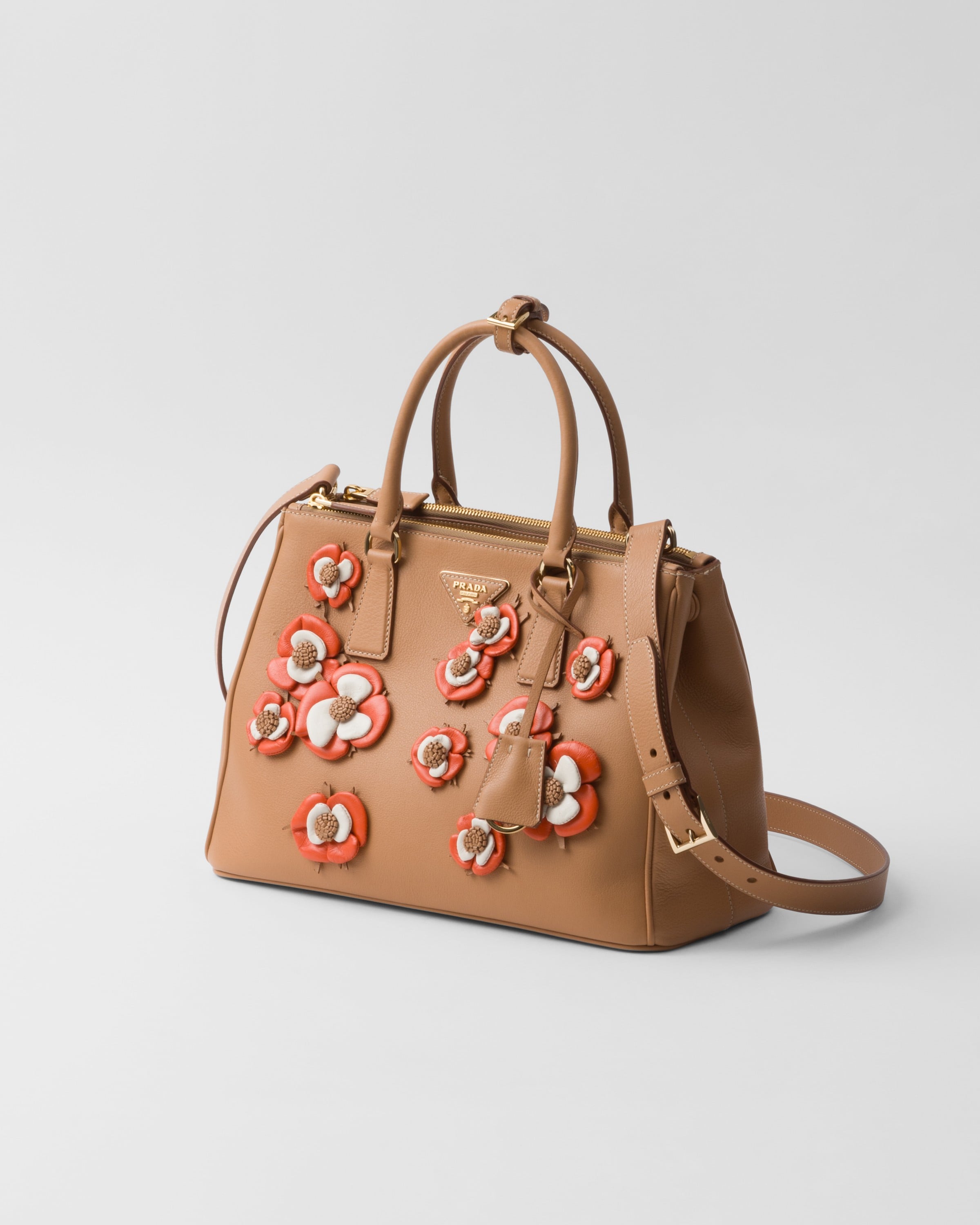 Shop Prada Large  Galleria Leather Bag With Floral Appliqués In Natural/orange