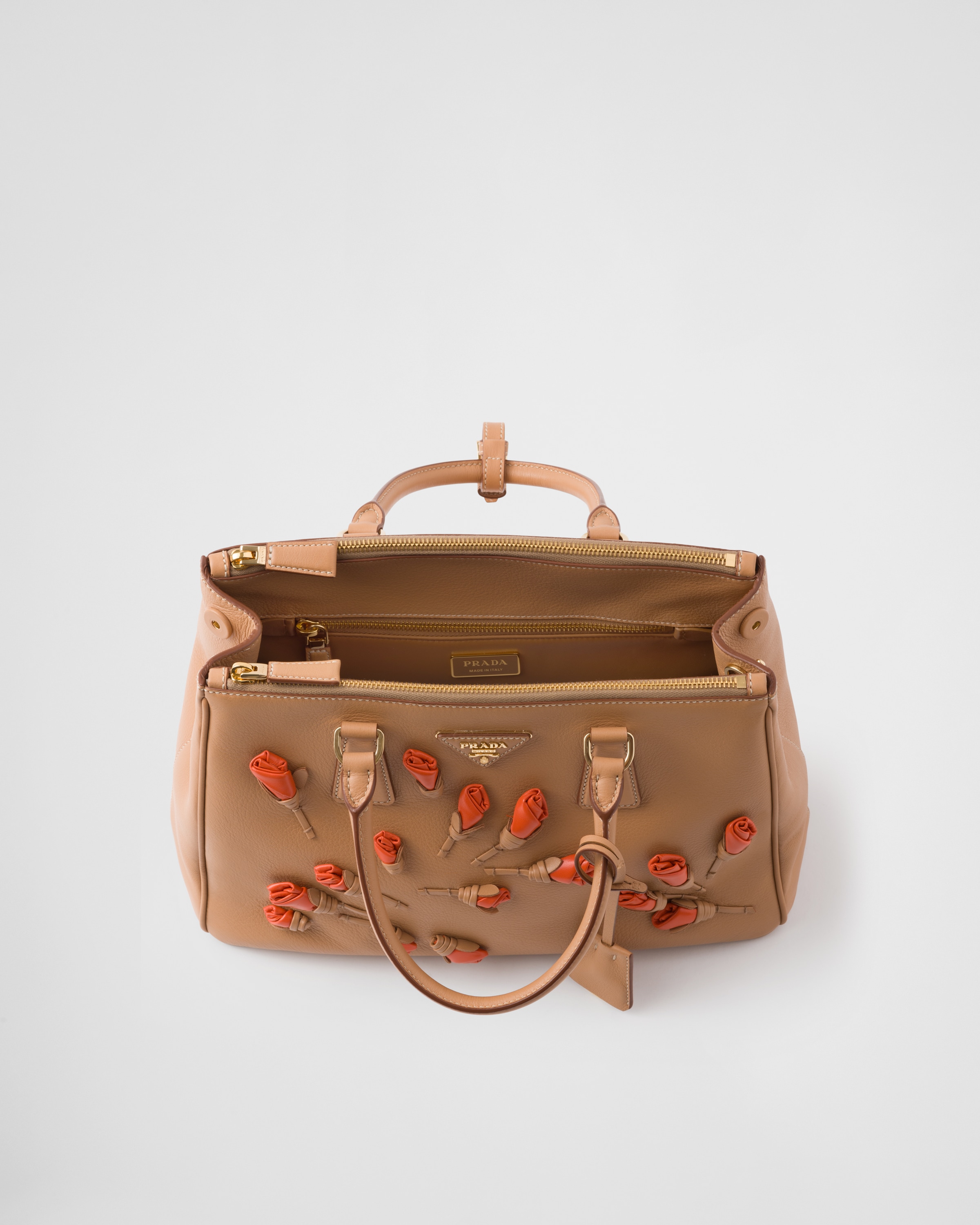 Shop Prada Large Galleria Leather Bag With Floral Appliqués In Natural/orange
