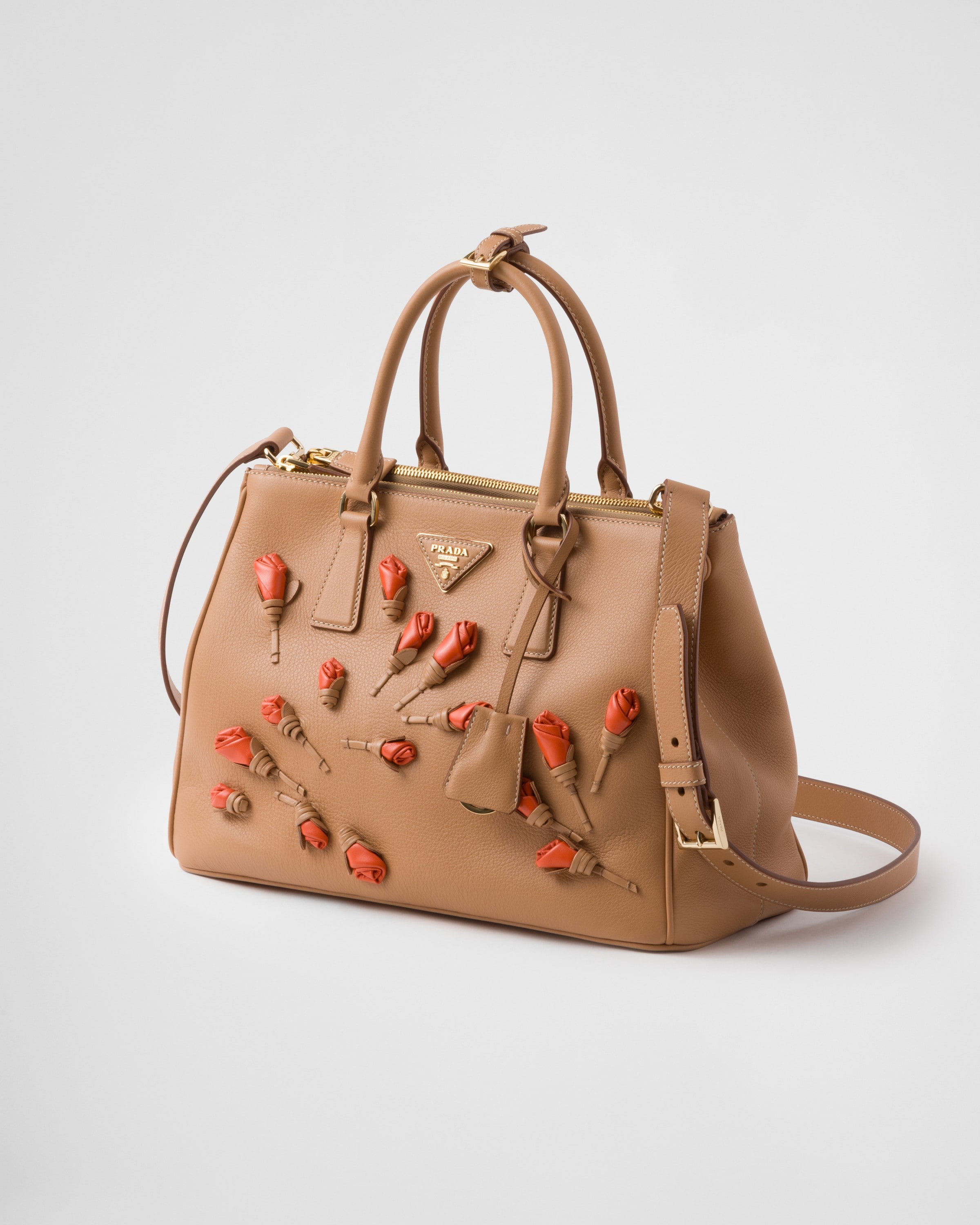 Shop Prada Large  Galleria Leather Bag With Floral Appliqués In Natural/orange