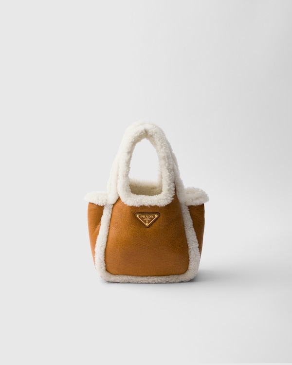 Cognac/Natural Medium shearling two-handle bag | PRADA
