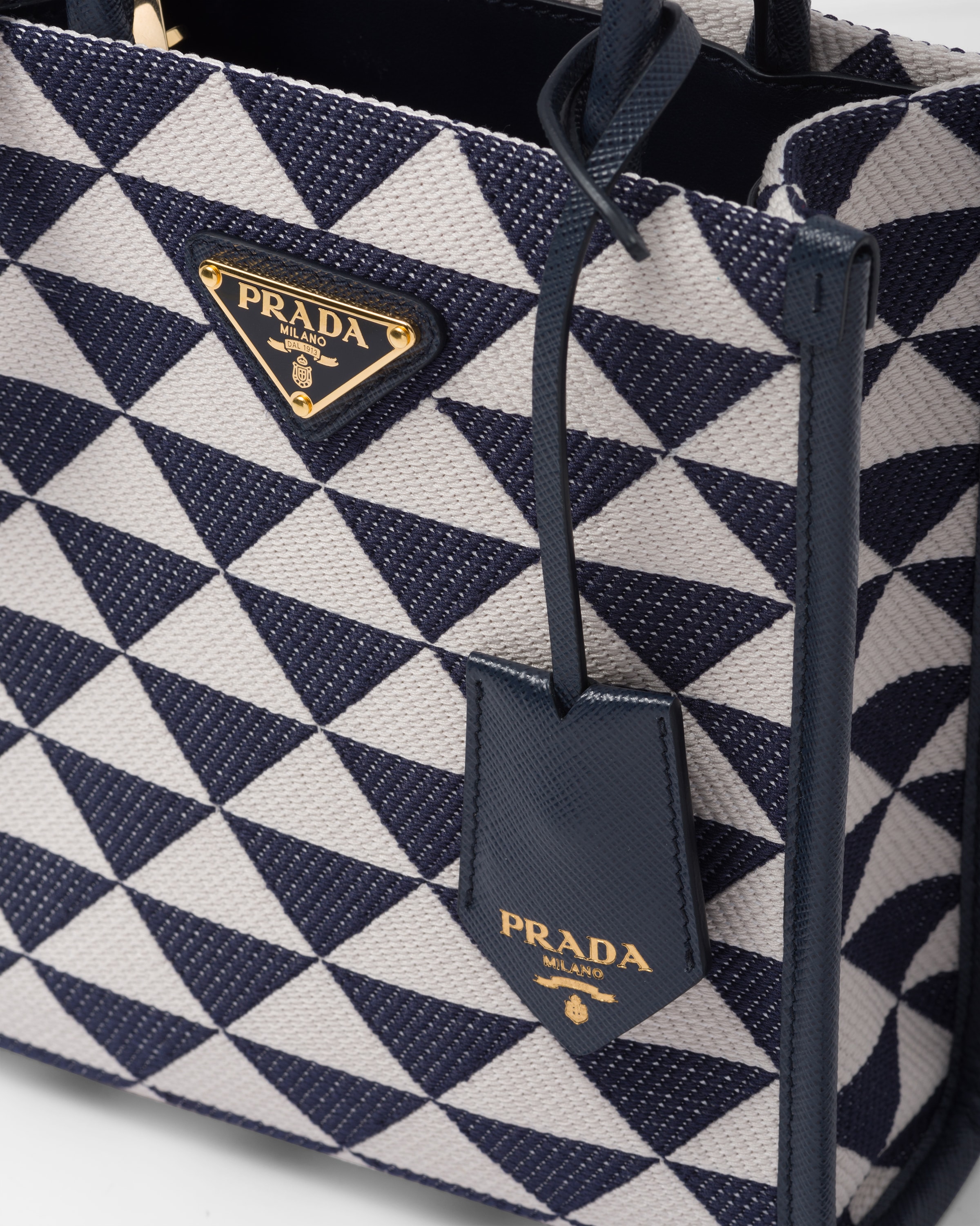 Prada Symbole Mini Tote Baltic Blue/White Embroidered Jacquard