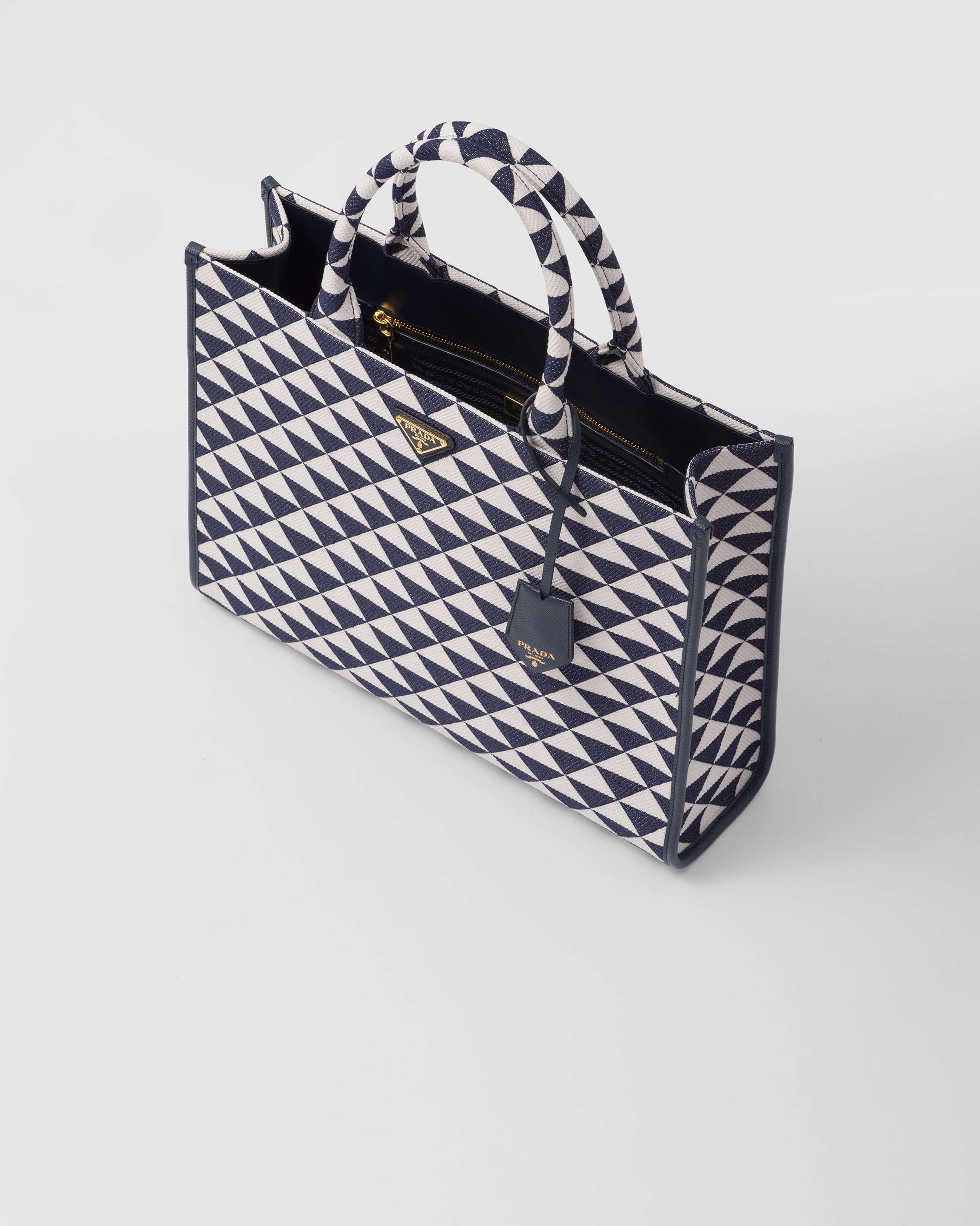 Baltic Blue chalk White Large Prada Symbole Embroidered Fabric Handbag PRADA