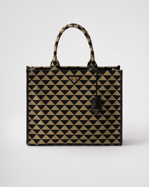 Black/beige Large Prada Symbole embroidered fabric handbag | Prada