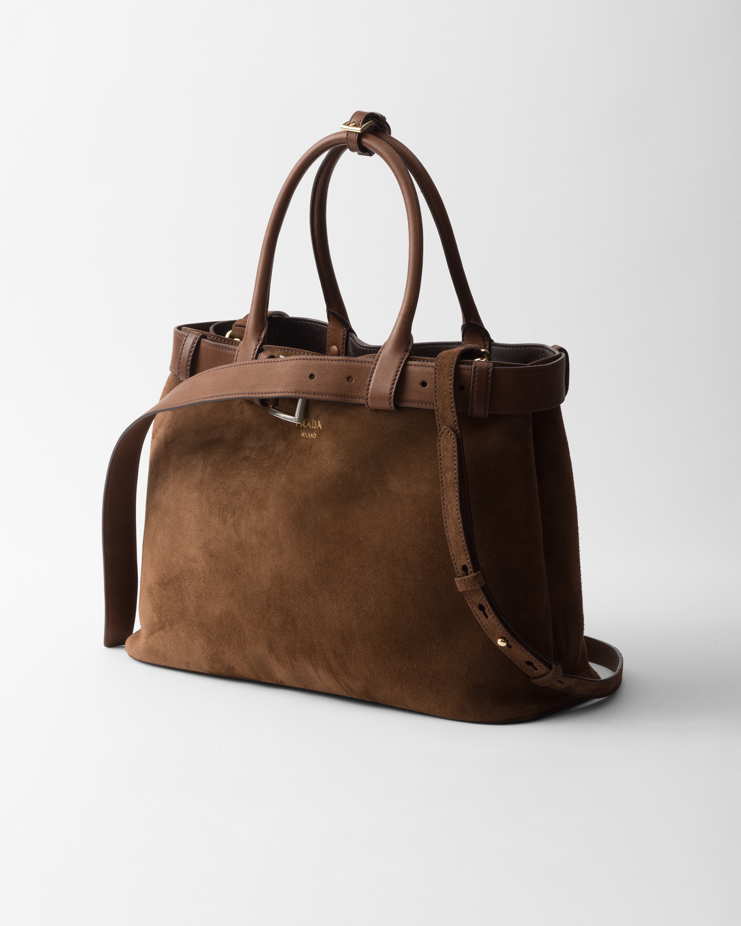 Prada Large Buckle Suede Bag With Belt In Kakaobraun