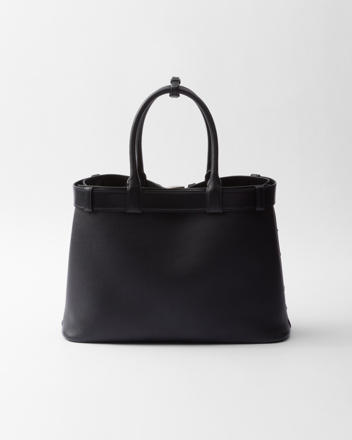 Black prada buckle large leather bag with appliqu s prada