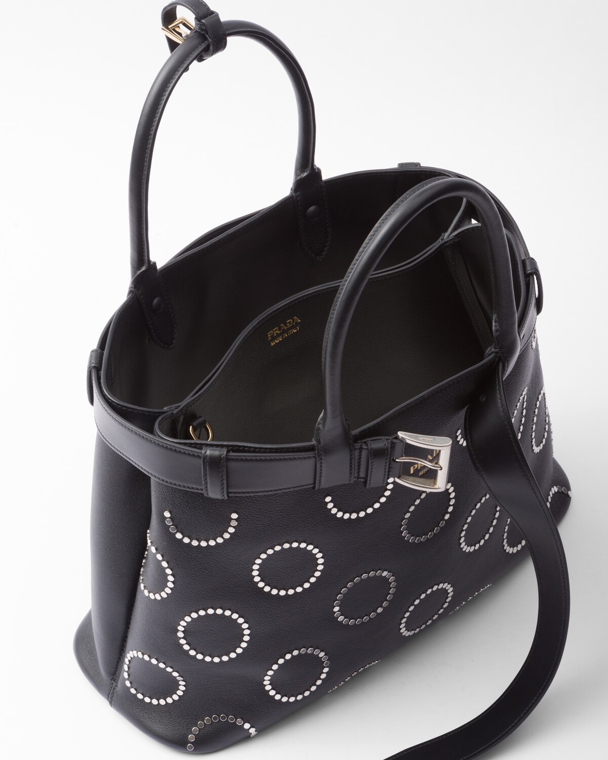 Black prada buckle large leather bag with appliqu s prada
