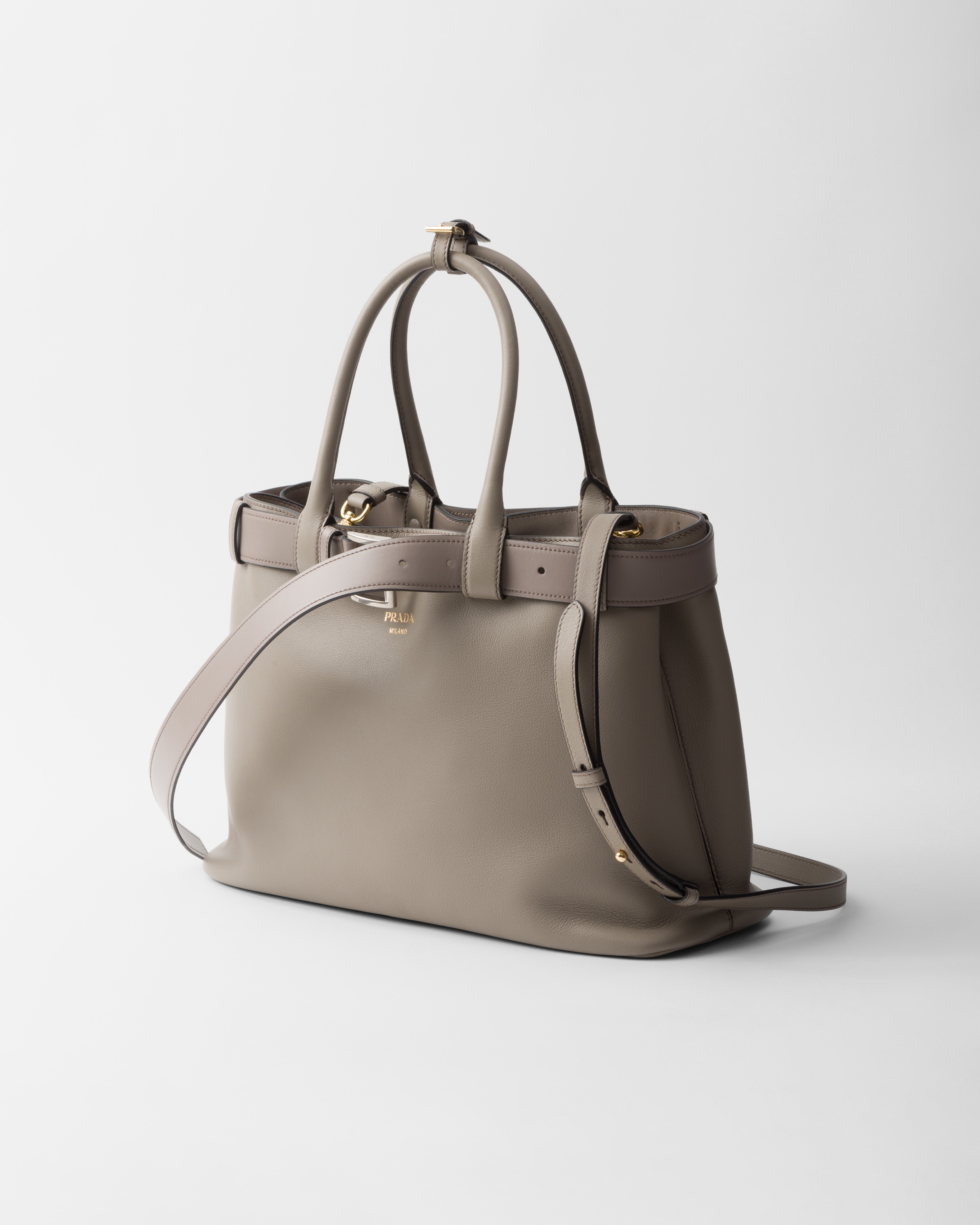 Prada Buckle Large Leather Handbag With Belt In Clay Grey