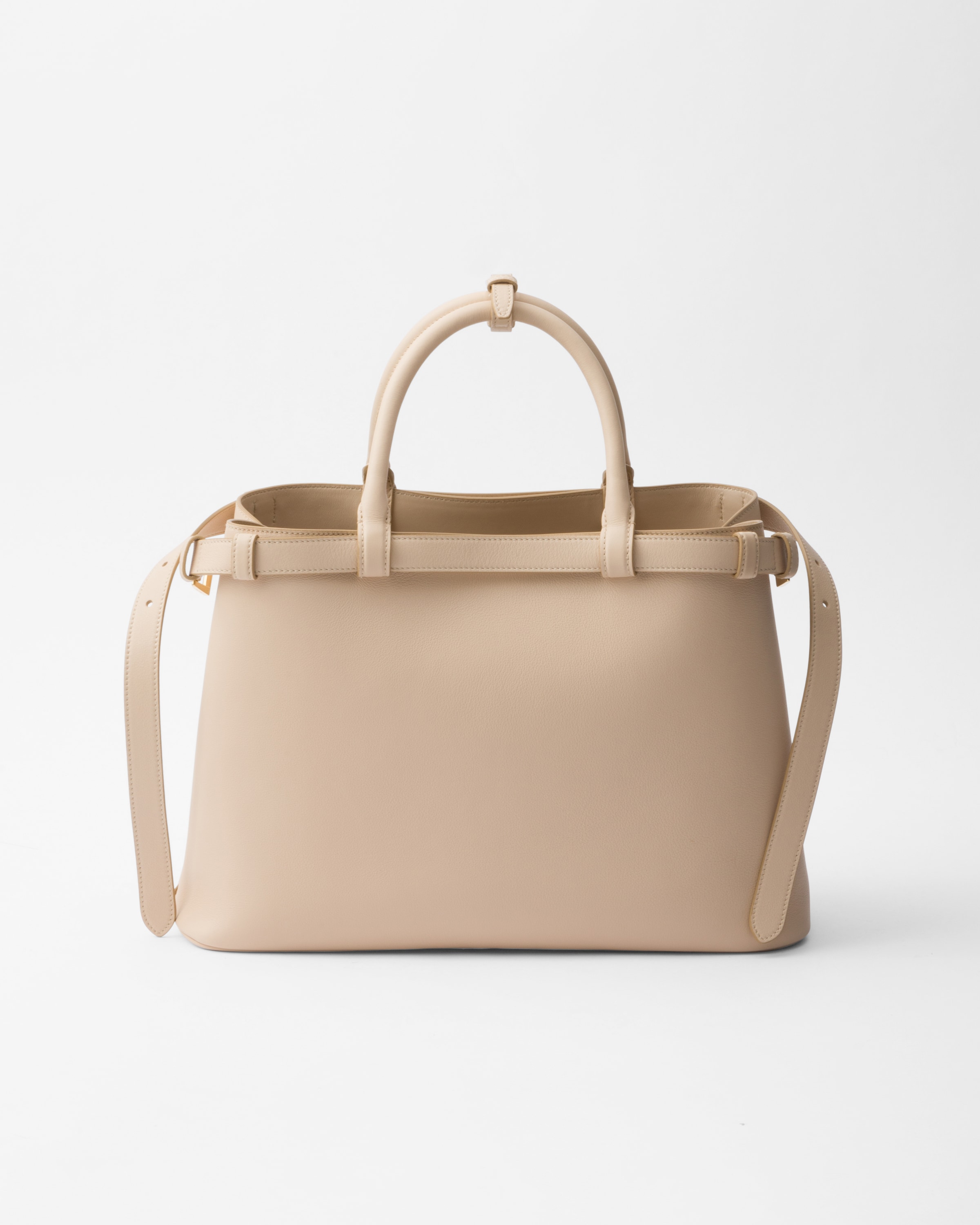 Prada Re-nylon And Leather Medium Top-handle Bag With Padlock In Travertine Stone
