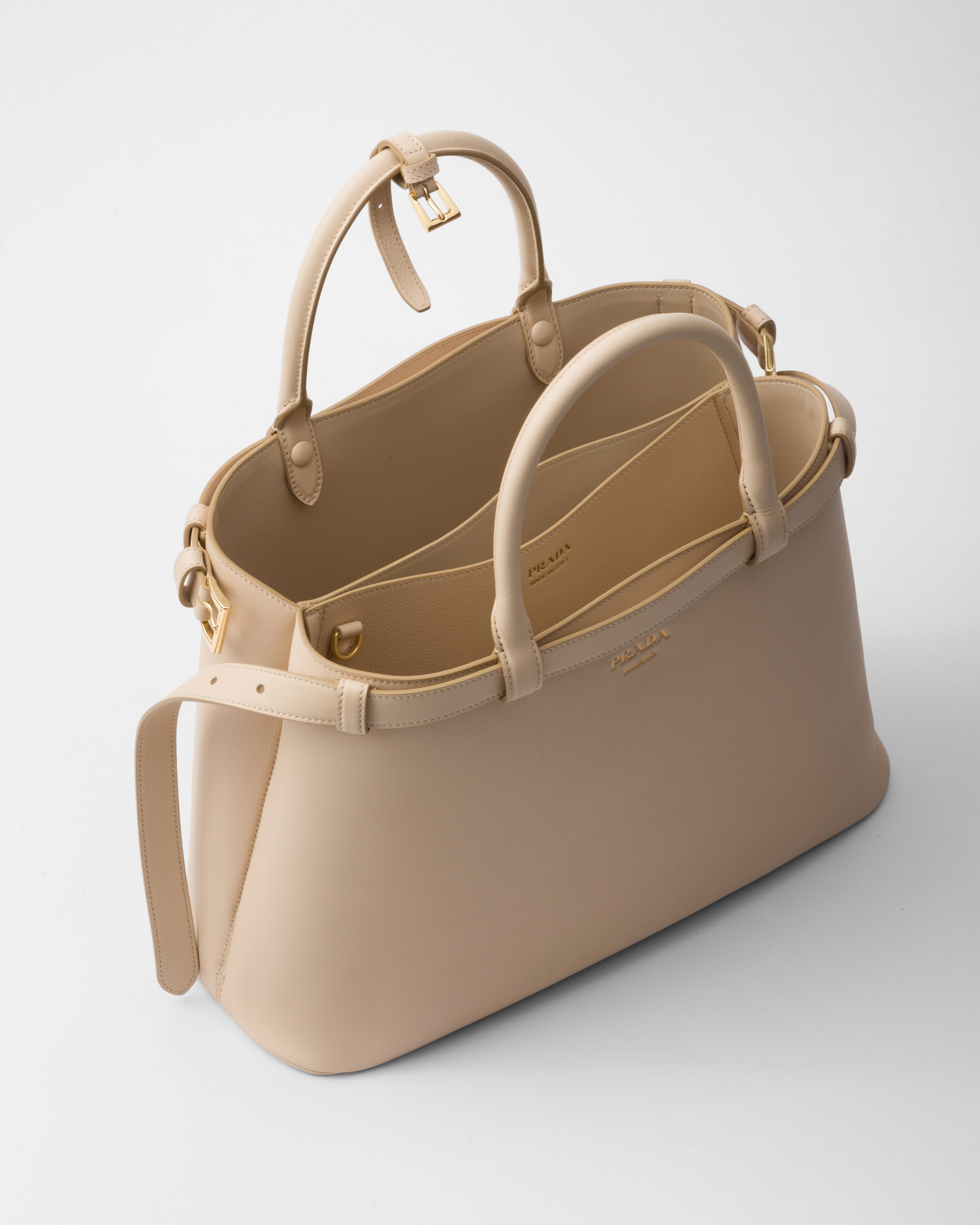 Prada Re-nylon And Leather Medium Top-handle Bag With Padlock In Travertine Stone