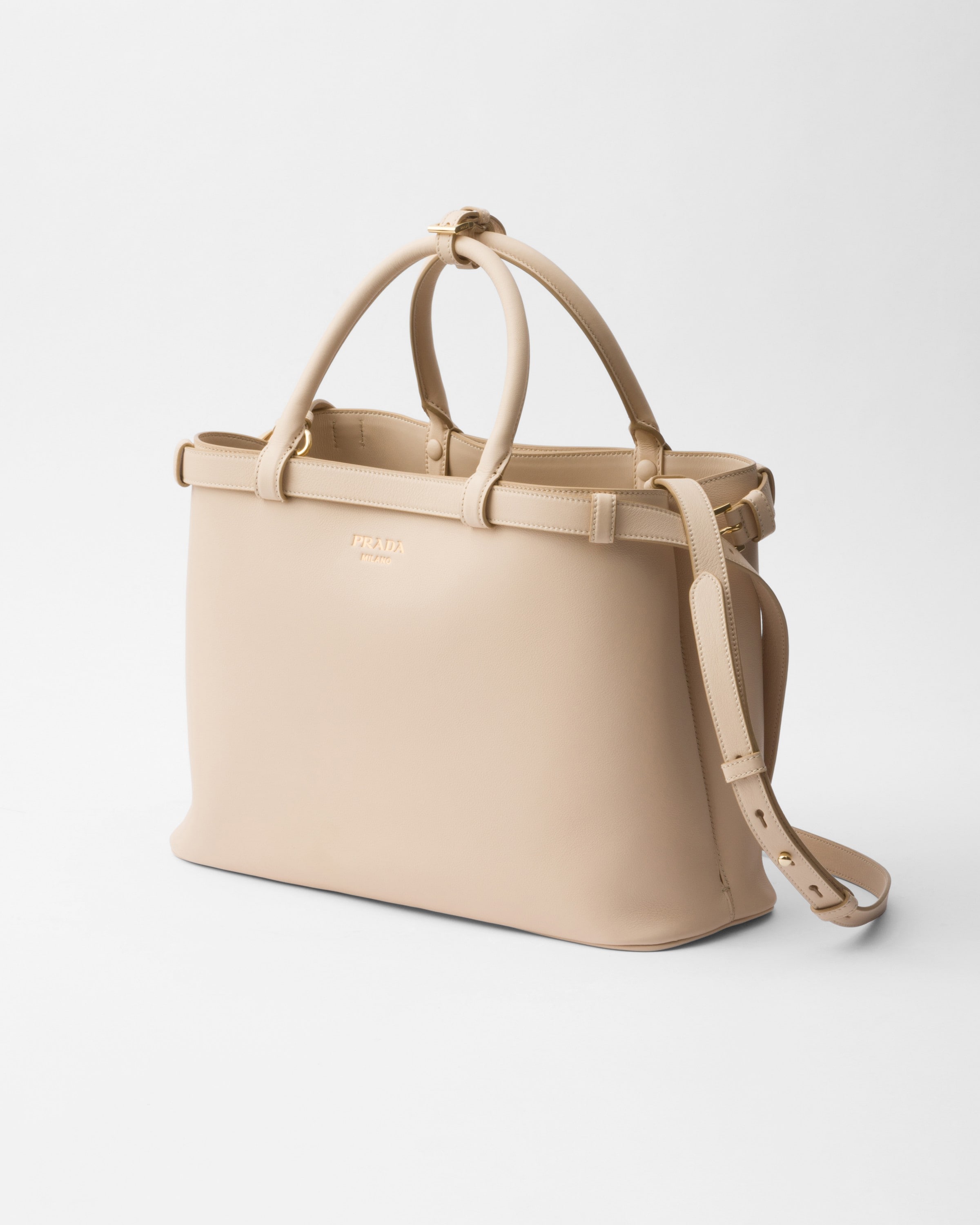 Prada Re-nylon And Leather Medium Top-handle Bag With Padlock In Travertine Stone