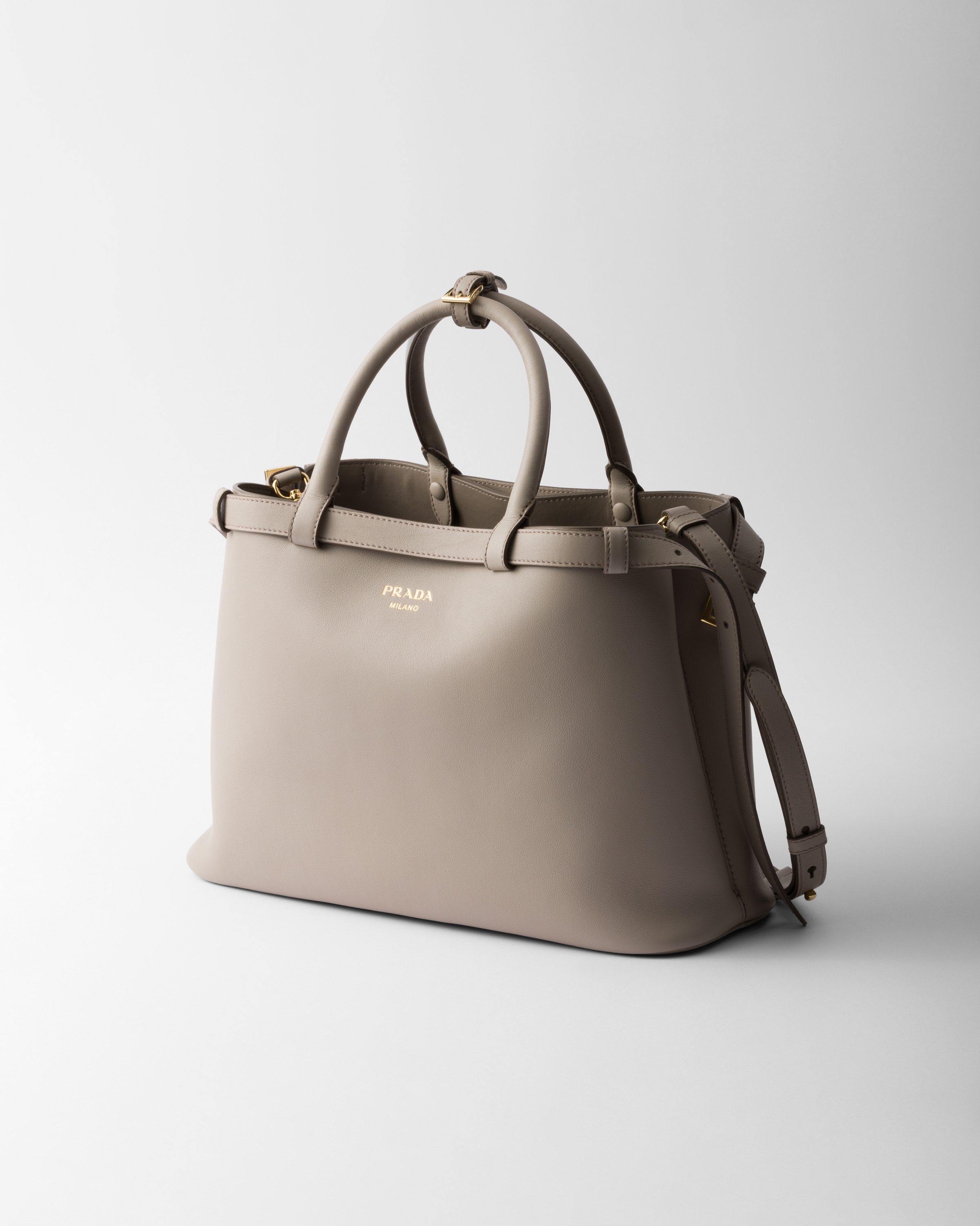 Prada Buckle Medium Leather Handbag With Double Belt In Pumice Stone