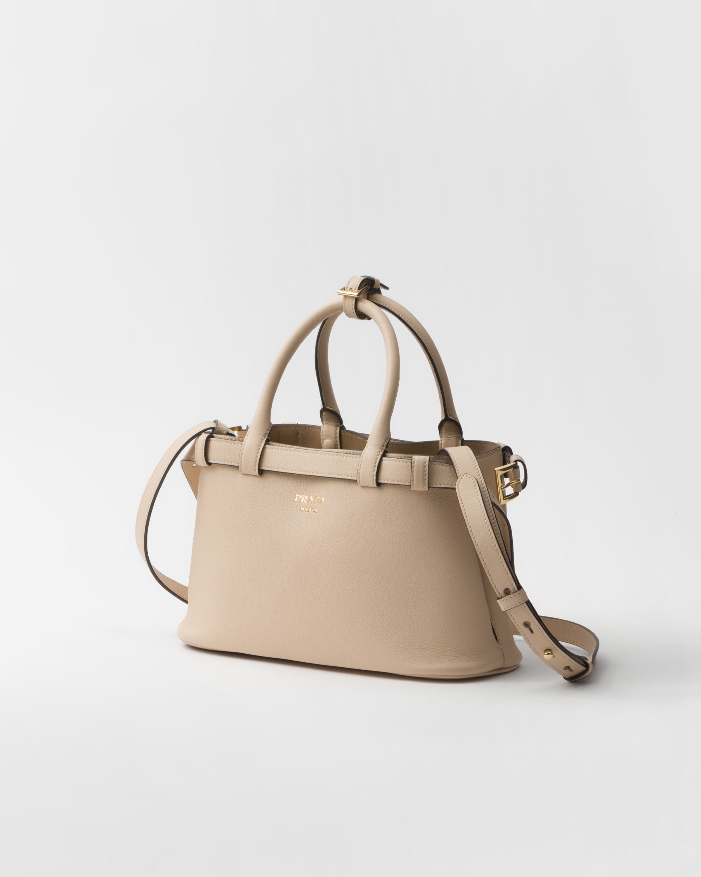 Shop Prada Kleine  Buckle Handtasche Aus Leder Mit Doppeltem Gürtel In Travertine Stone