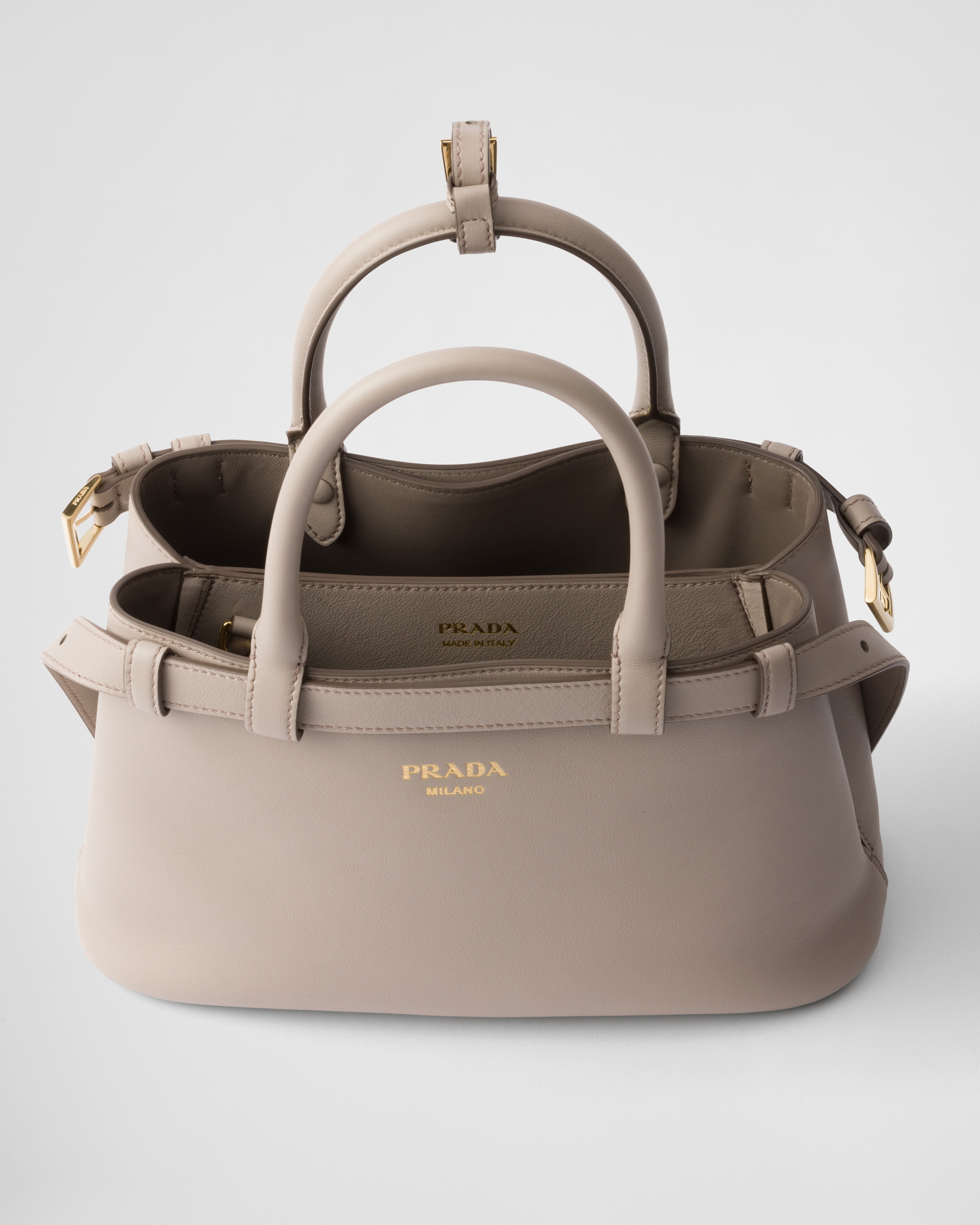 Prada Buckle Small Leather Handbag With Double Belt In Pumice Stone