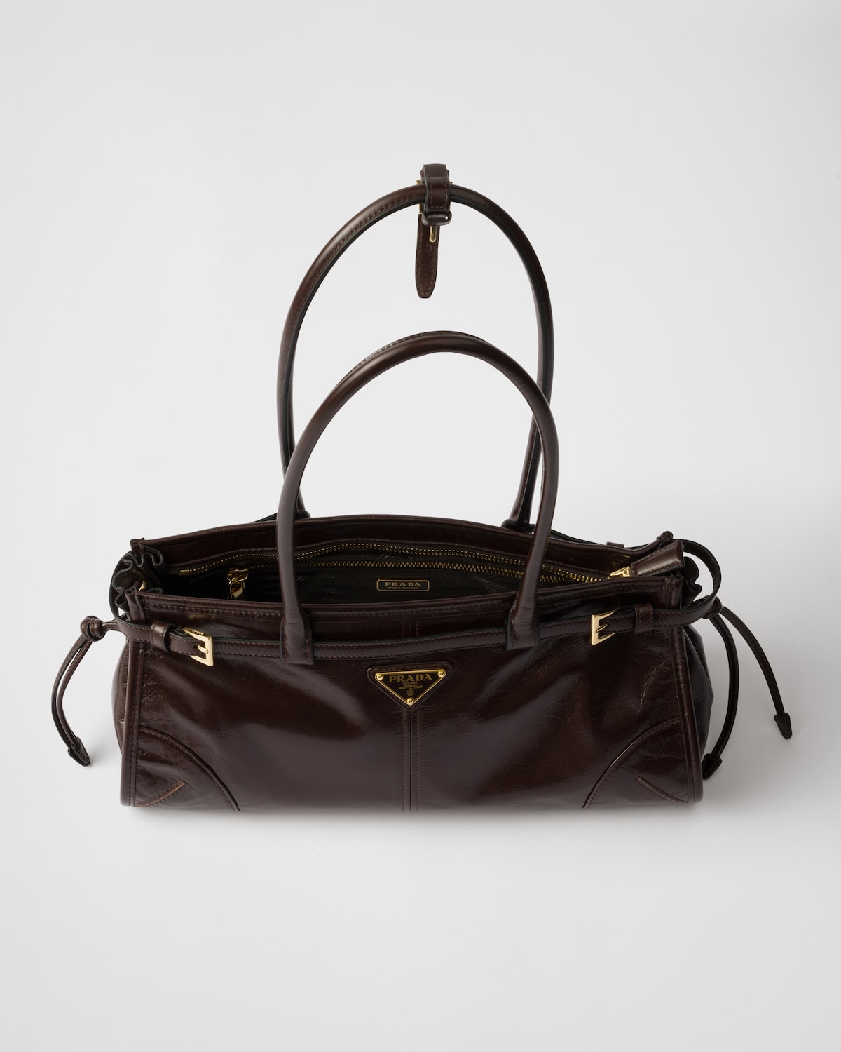 PRADA 25S BONNIE MINI HANDBAG 23 IN DARK BROWN CALFSKIN GOLD HARDWARE