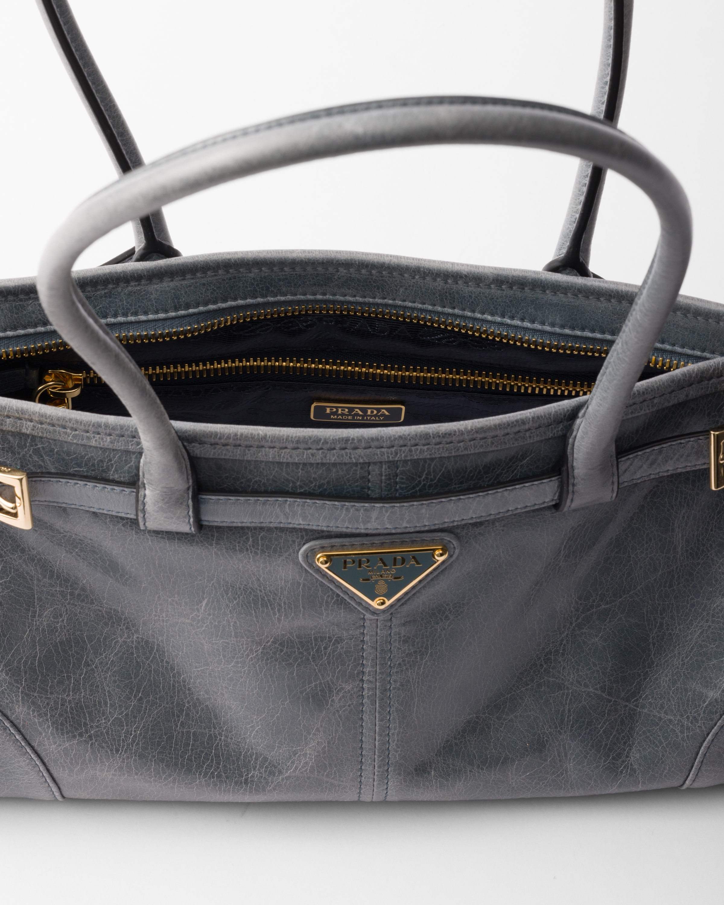 【PRADA】ミディアム レザー トップハンドルバッグ★ブルー ピンクベージュ プラダ ダングル ミディアム レザー トップ