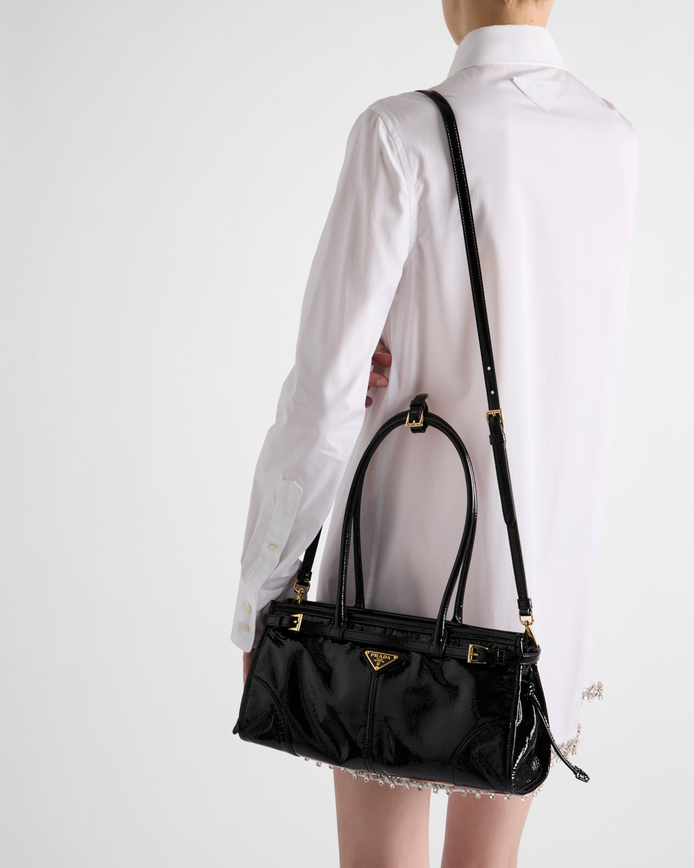 Black Prada Bonnie medium naplak patent leather handbag | PRADA