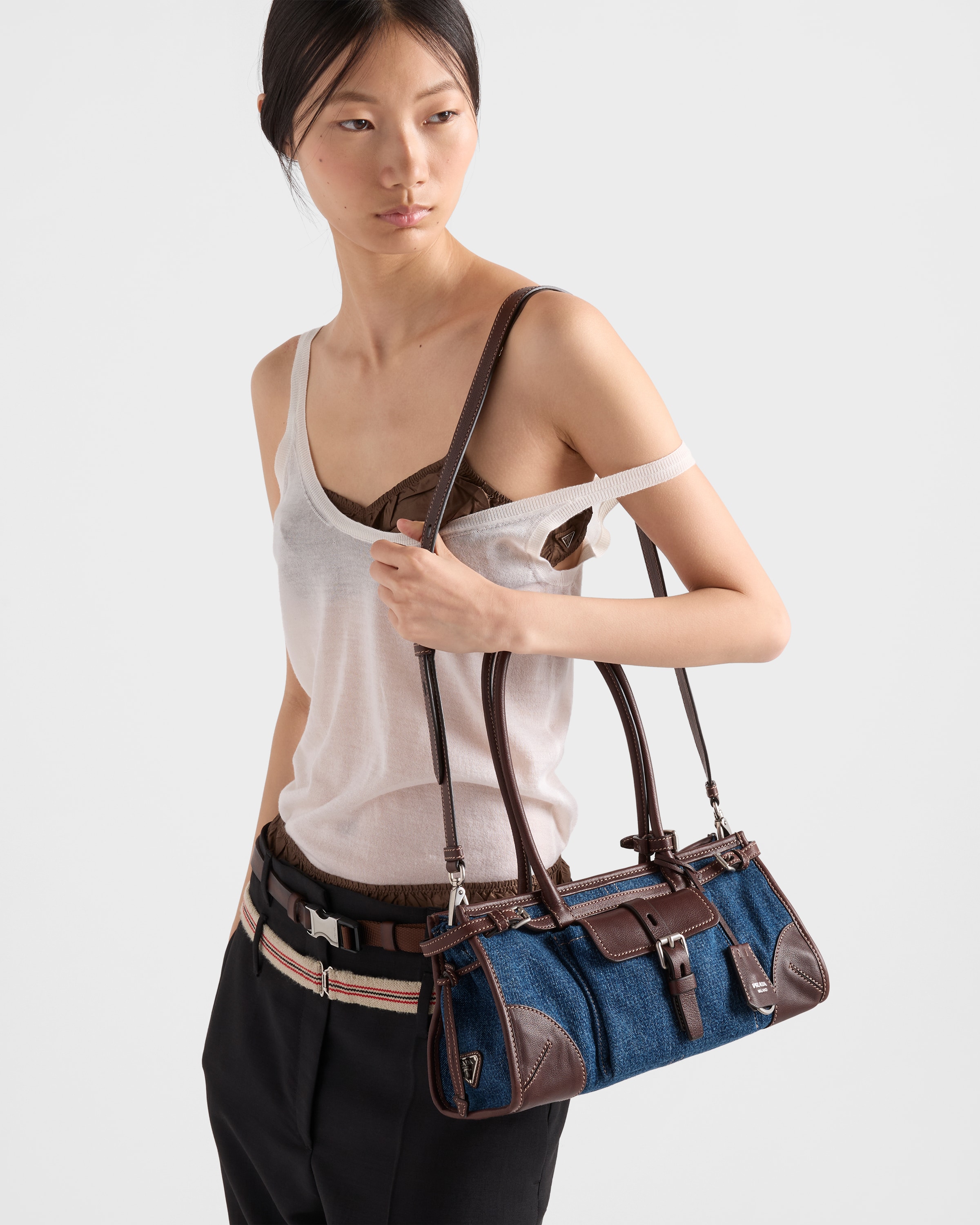 Blue/coffee Prada Bonnie Medium Denim And Leather Handbag | PRADA