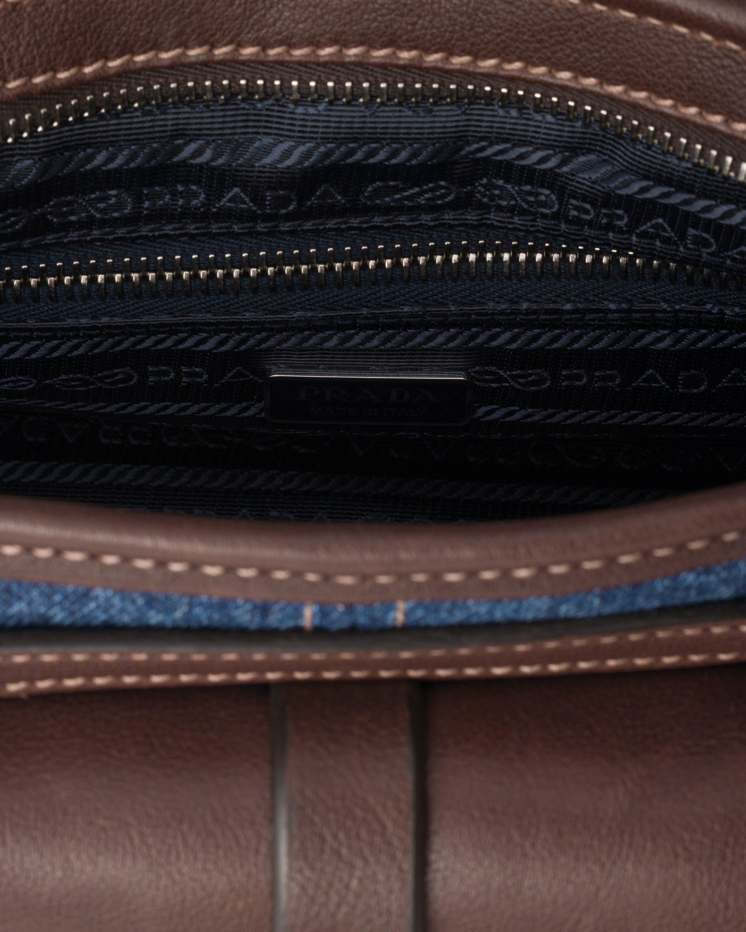 Blue/Coffee Prada Bonnie medium denim and leather handbag | PRADA