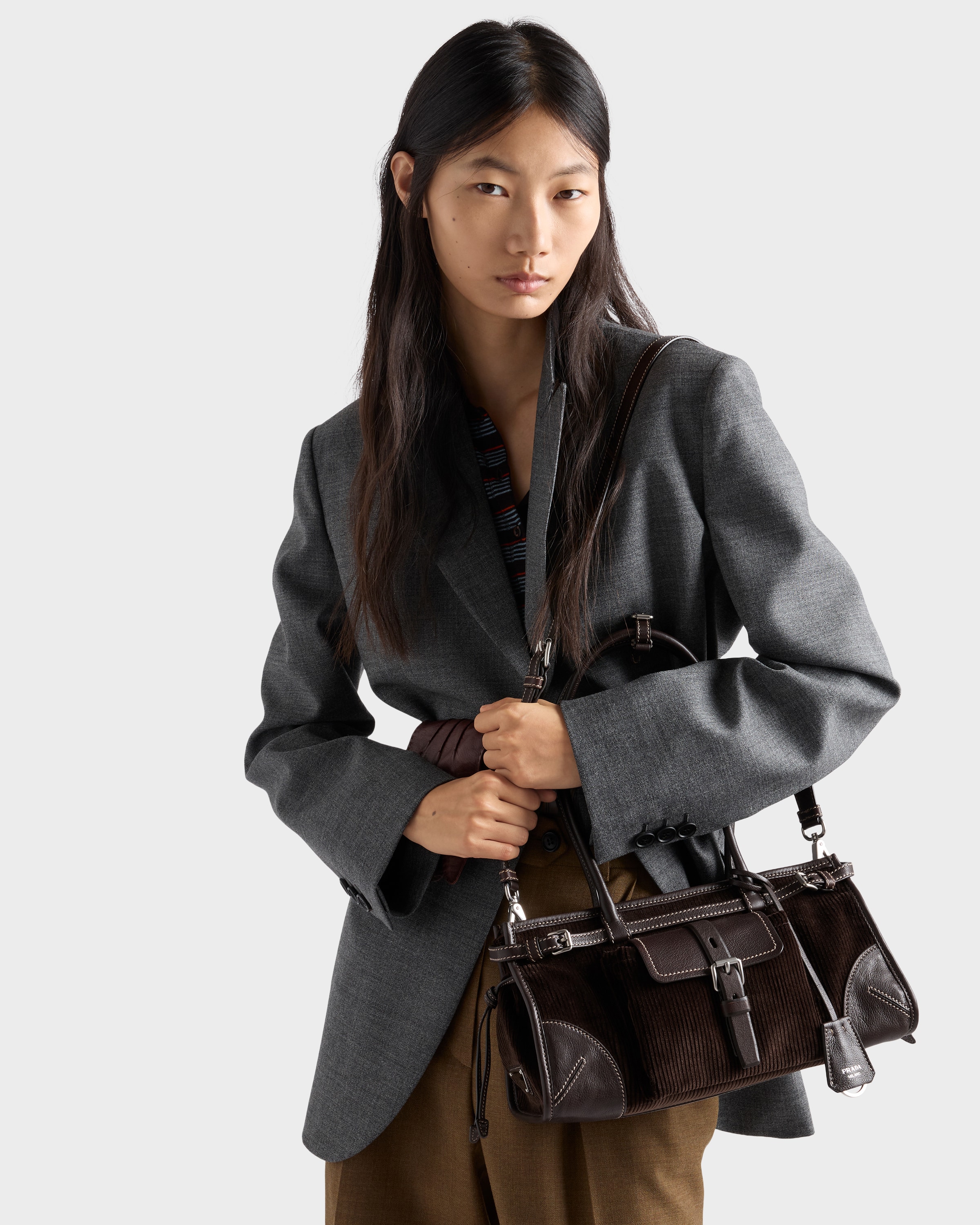 Ebony Prada Bonnie Medium Corduroy And Leather Handbag | PRADA